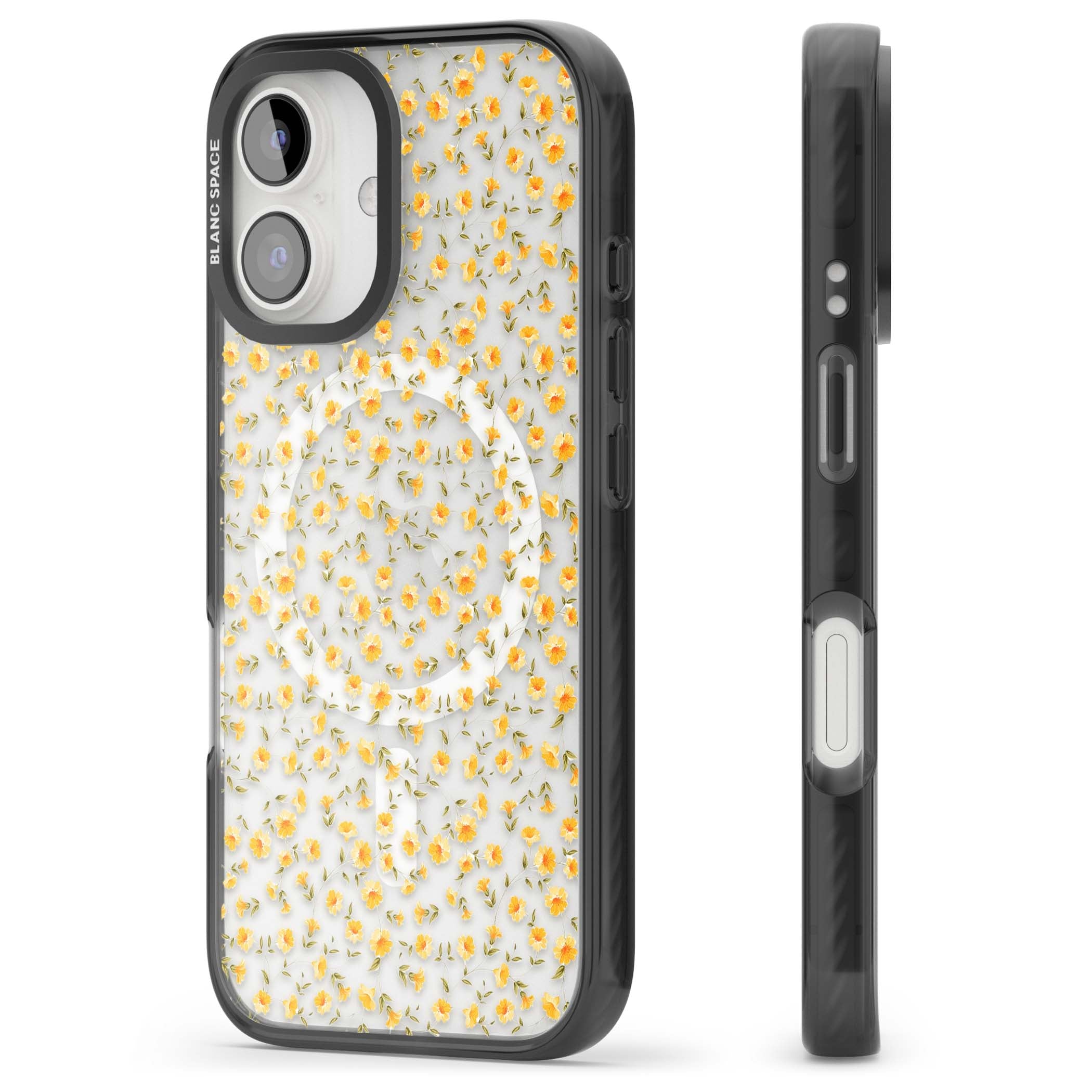 Buttercup wildflower iPhone case featuring tiny yellow flowers and trailing green vines on clear | Black Impact Magsafe case for iPhone 16, iPhone 16 Plus