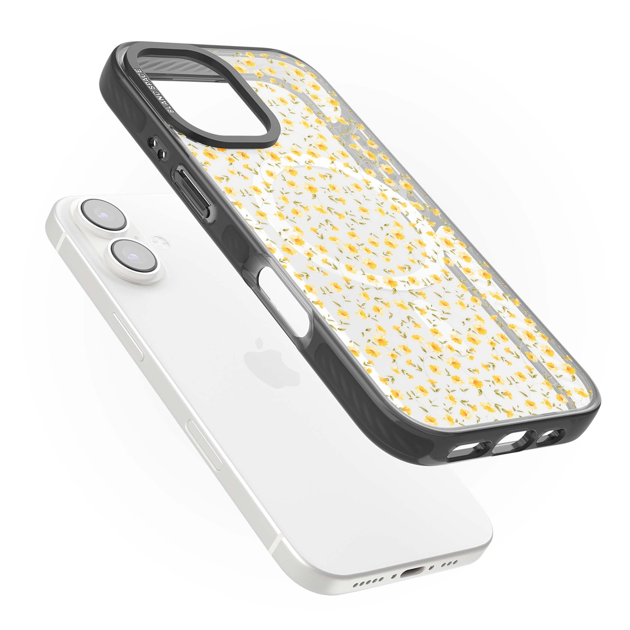 Buttercup wildflower iPhone case featuring tiny yellow flowers and trailing green vines on clear | Black Impact Magsafe case for iPhone 16, iPhone 16 Plus