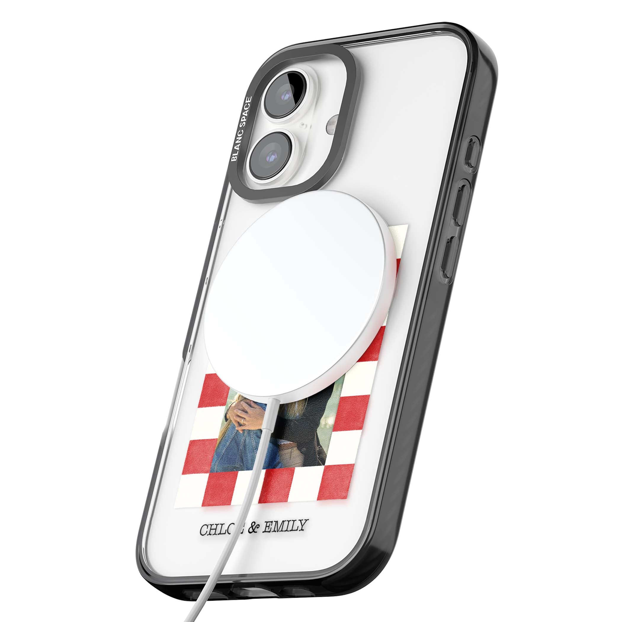 Red Check Photo personalised photo iPhone case with red and white checkered polaroid frame and custom couple name | Black Impact Magsafe case for iPhone 16, iPhone 16 Plus