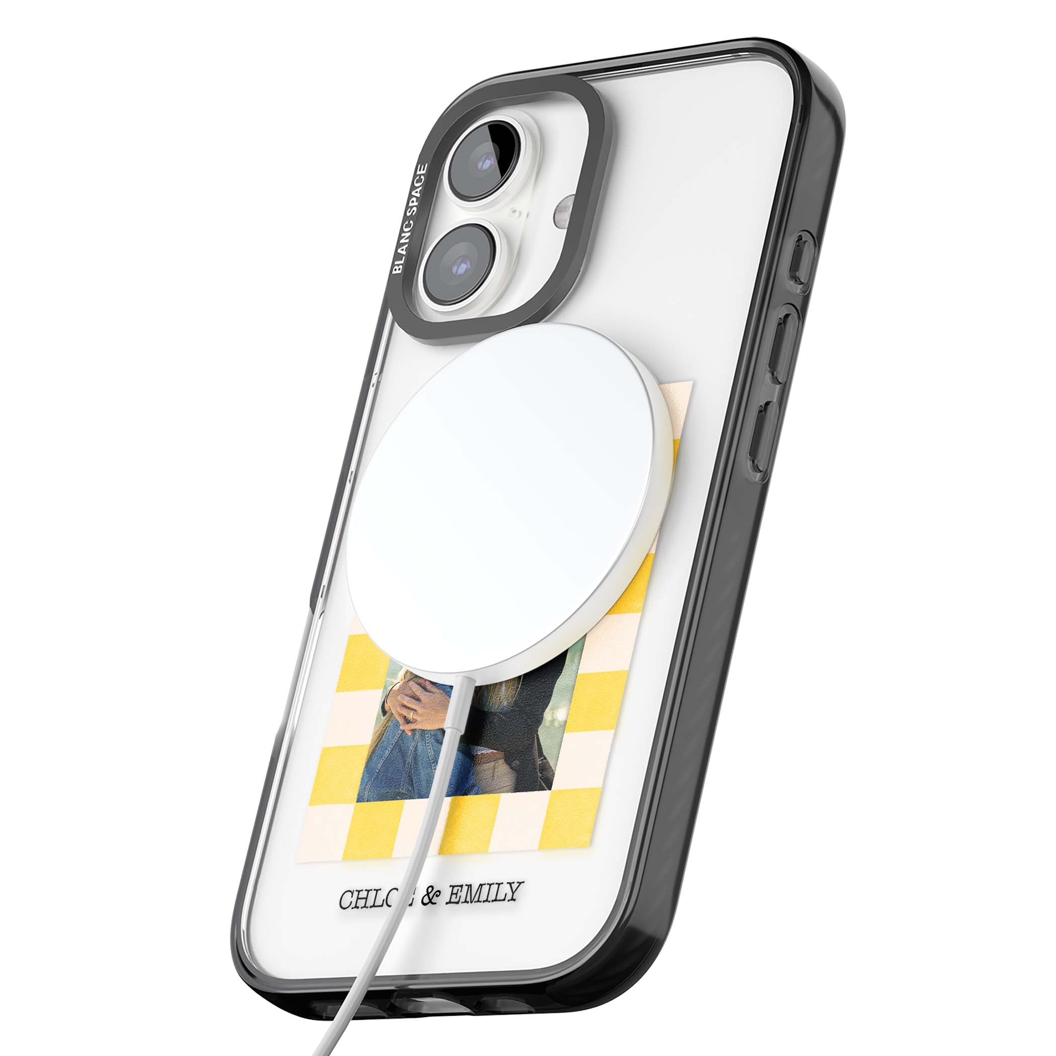 Yellow Check Photo personalised iPhone case with yellow checkered Polaroid frame and custom names beneath | Black Impact Magsafe case for iPhone 16, iPhone 16 Plus