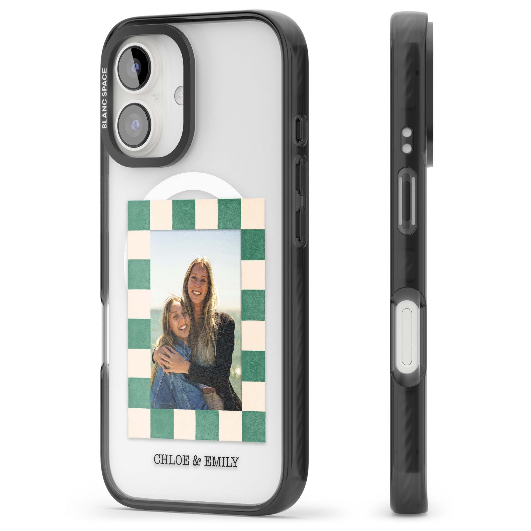 Seafoam Check Photo personalised iPhone case featuring a custom polaroid photo, green and cream checkered frame, and custom n | Black Impact Magsafe case for iPhone 16, iPhone 16 Plus
