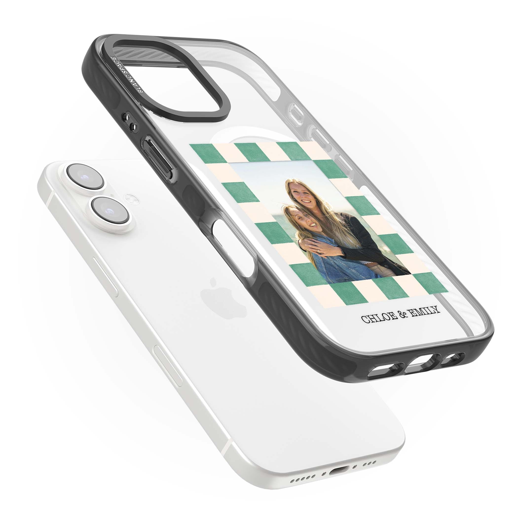 Seafoam Check Photo personalised iPhone case featuring a custom polaroid photo, green and cream checkered frame, and custom n | Black Impact Magsafe case for iPhone 16, iPhone 16 Plus