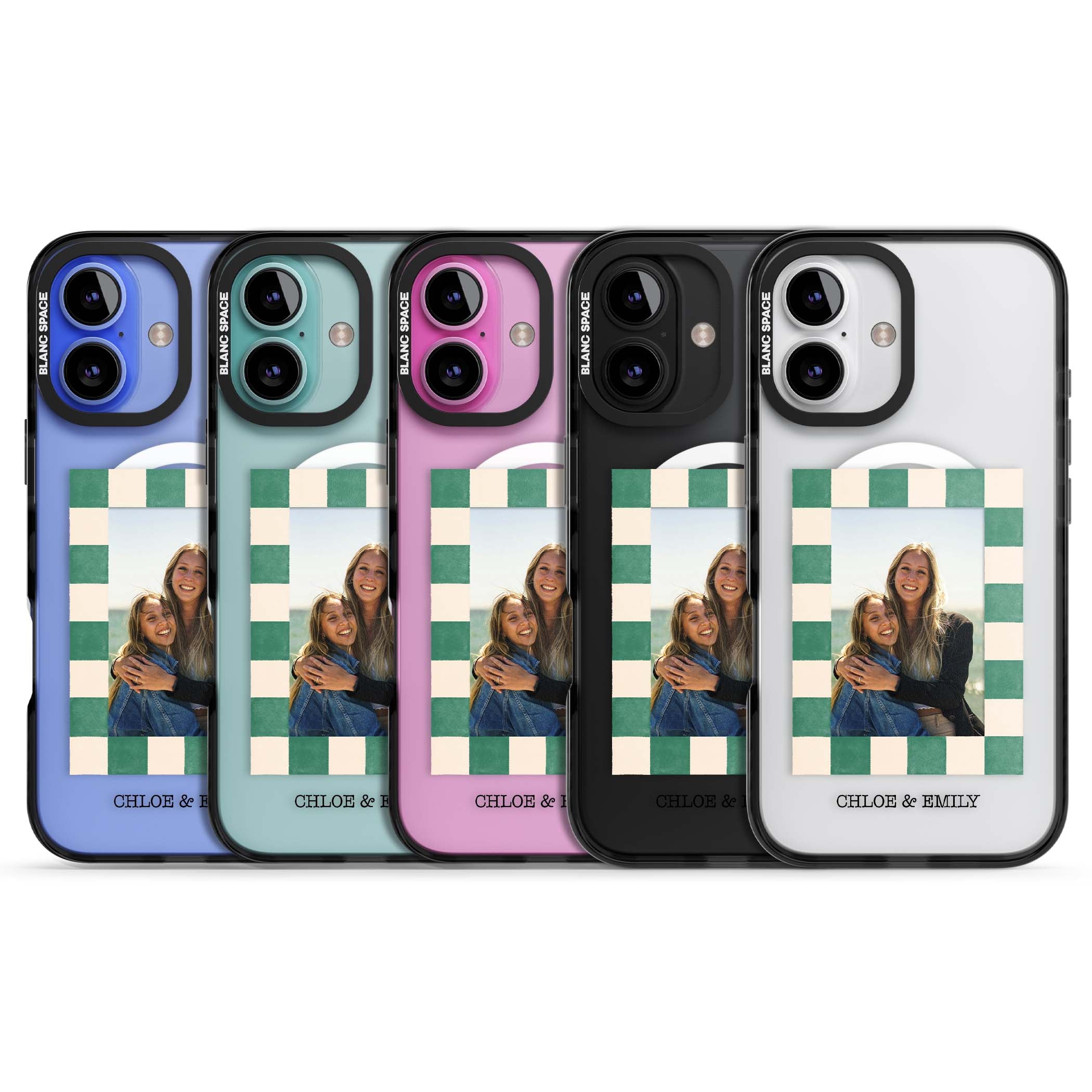 Seafoam Check Photo personalised iPhone case featuring a custom polaroid photo, green and cream checkered frame, and custom n | Black Impact Magsafe case for iPhone 16, iPhone 16 Plus