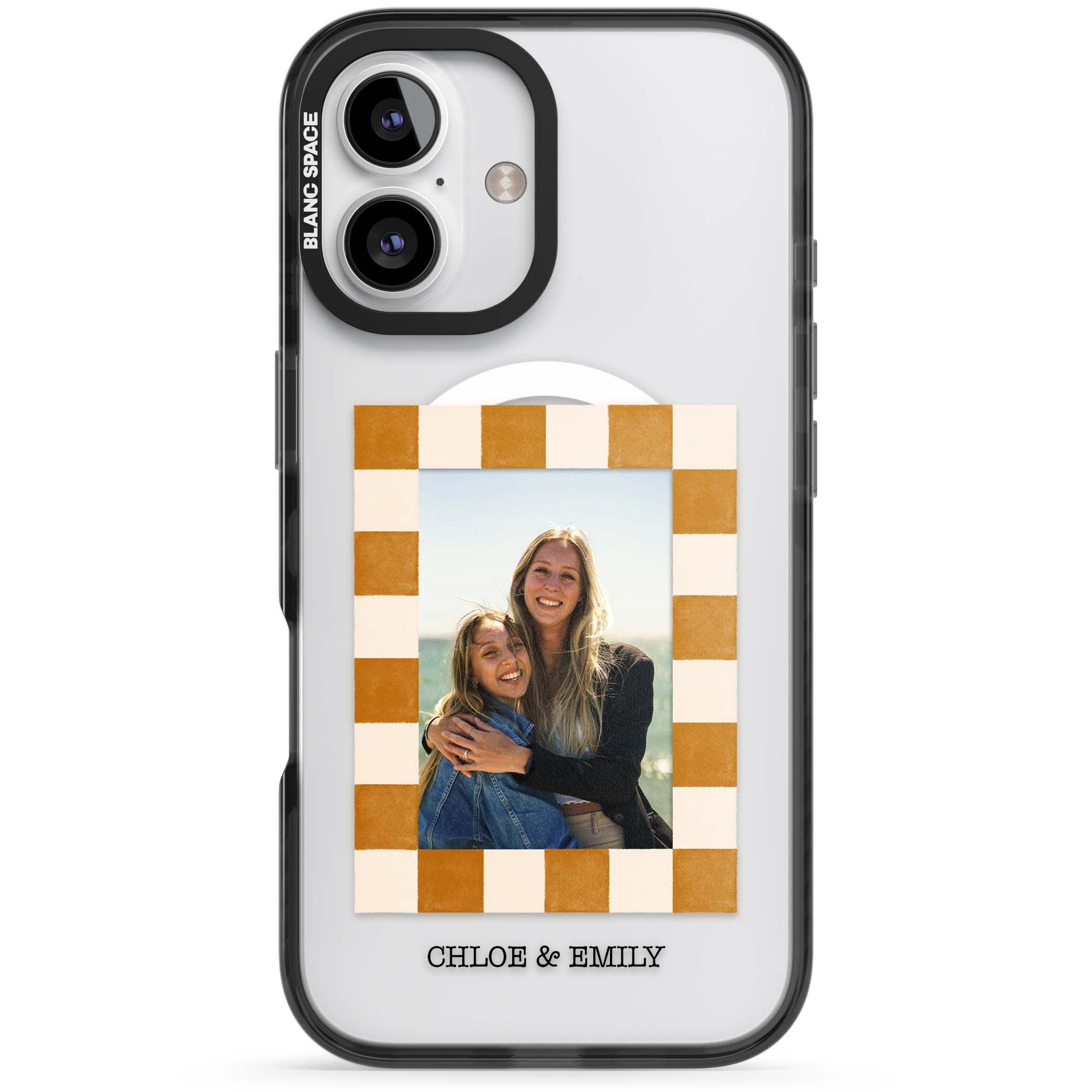 Citrus Check Photo personalised iPhone case with custom photo, orange checkered frame and names underneath | Black Impact Magsafe case for iPhone 16, iPhone 16 Plus