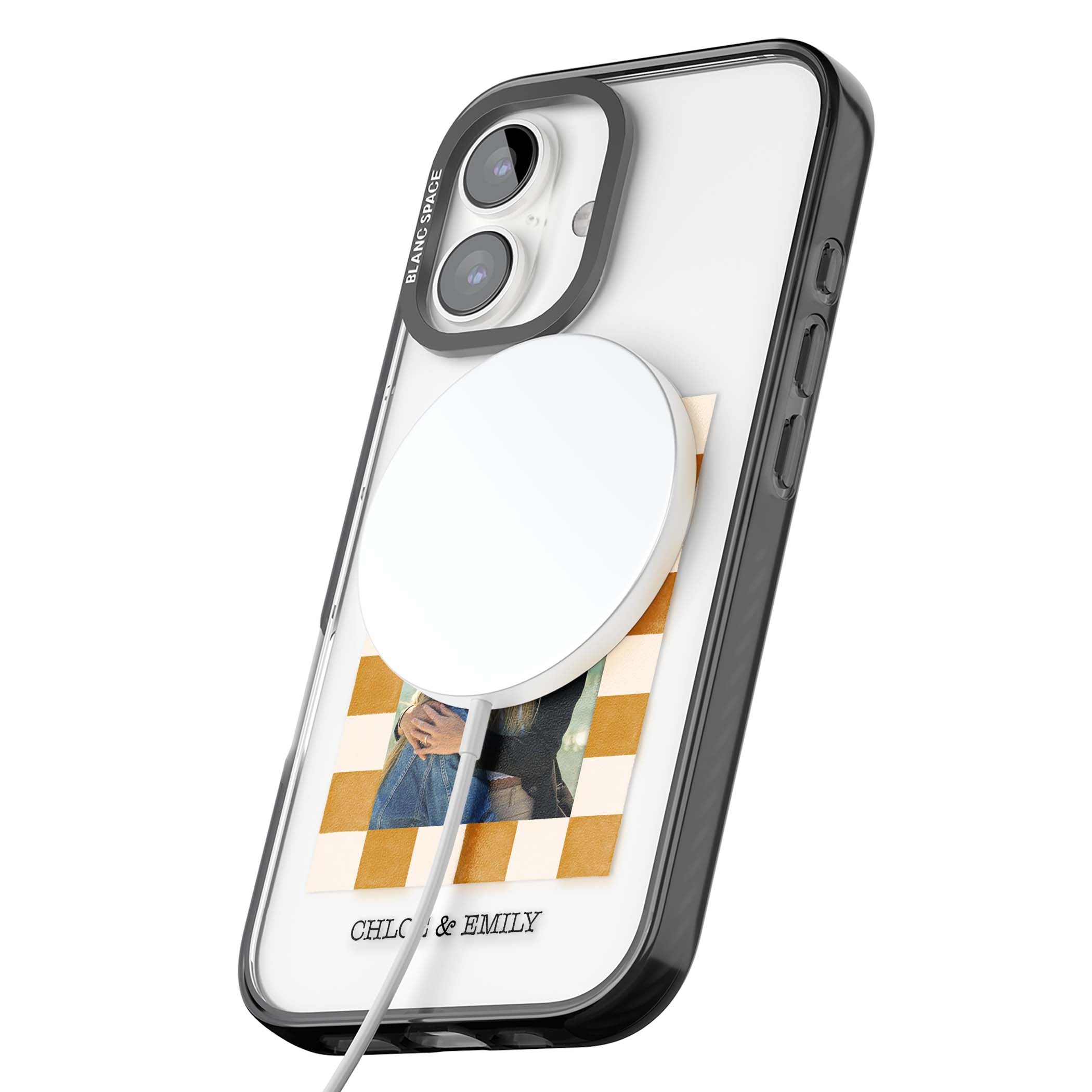 Citrus Check Photo personalised iPhone case with custom photo, orange checkered frame and names underneath | Black Impact Magsafe case for iPhone 16, iPhone 16 Plus