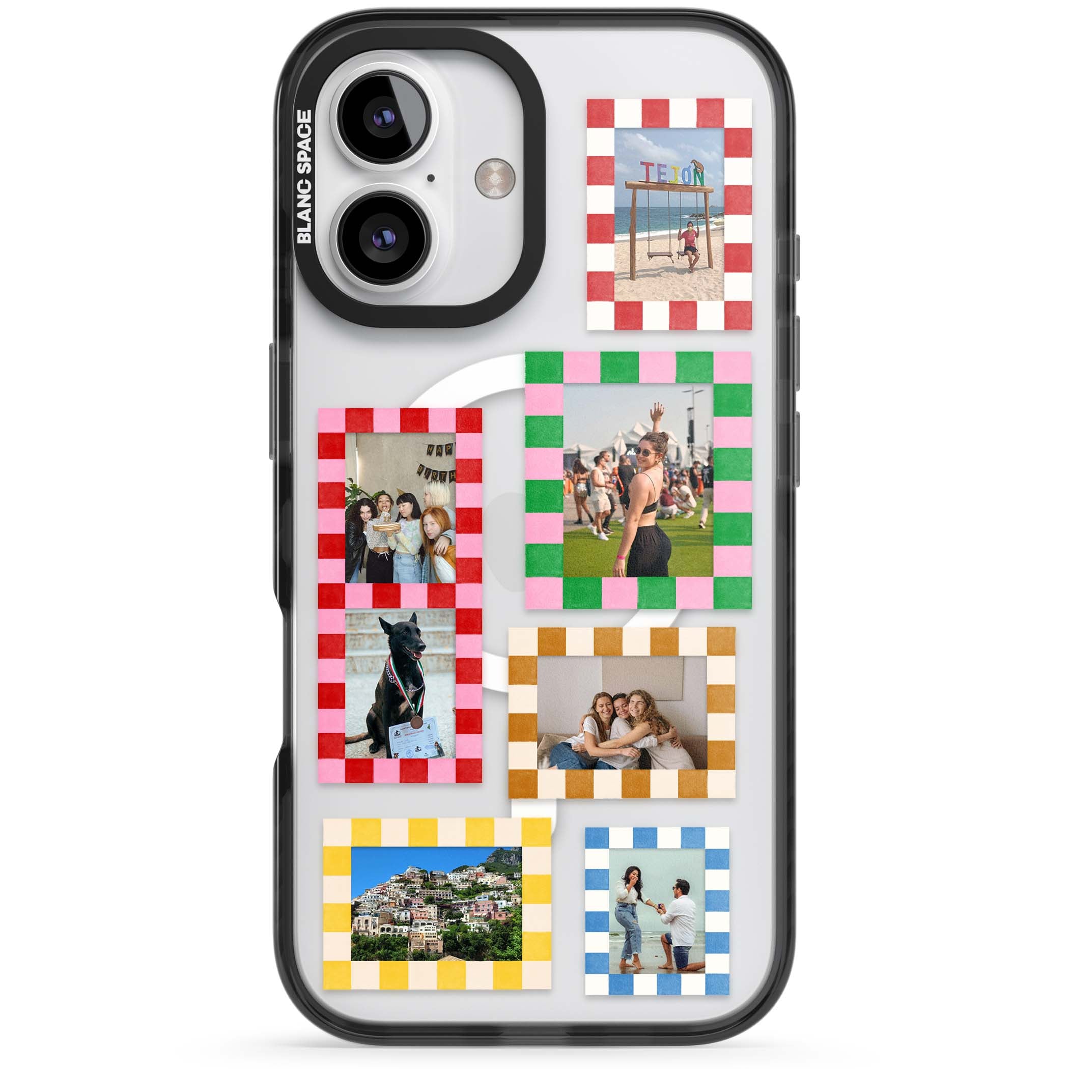 Italian Check Frames custom photo collage iPhone case featuring six checkered photo frames in red, green, pink and | Black Impact Magsafe case for iPhone 16, iPhone 16 Plus