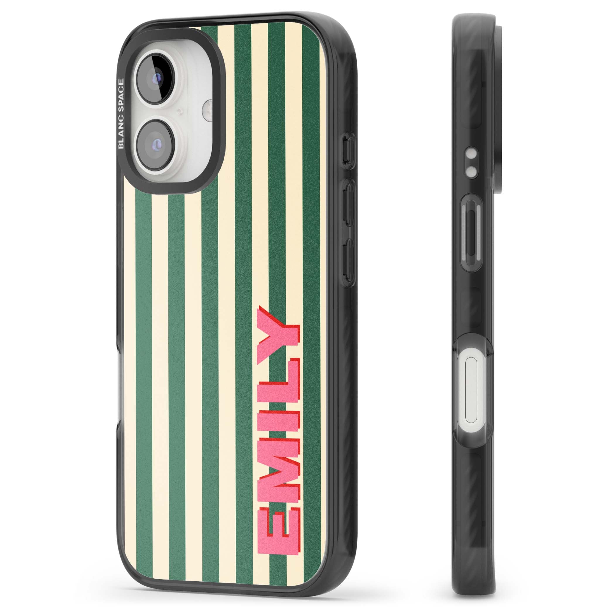 Wimbledon Stripe preppy iPhone case featuring green and cream vertical stripes with a personalised pink name | Black Impact Magsafe case for iPhone 16, iPhone 16 Plus