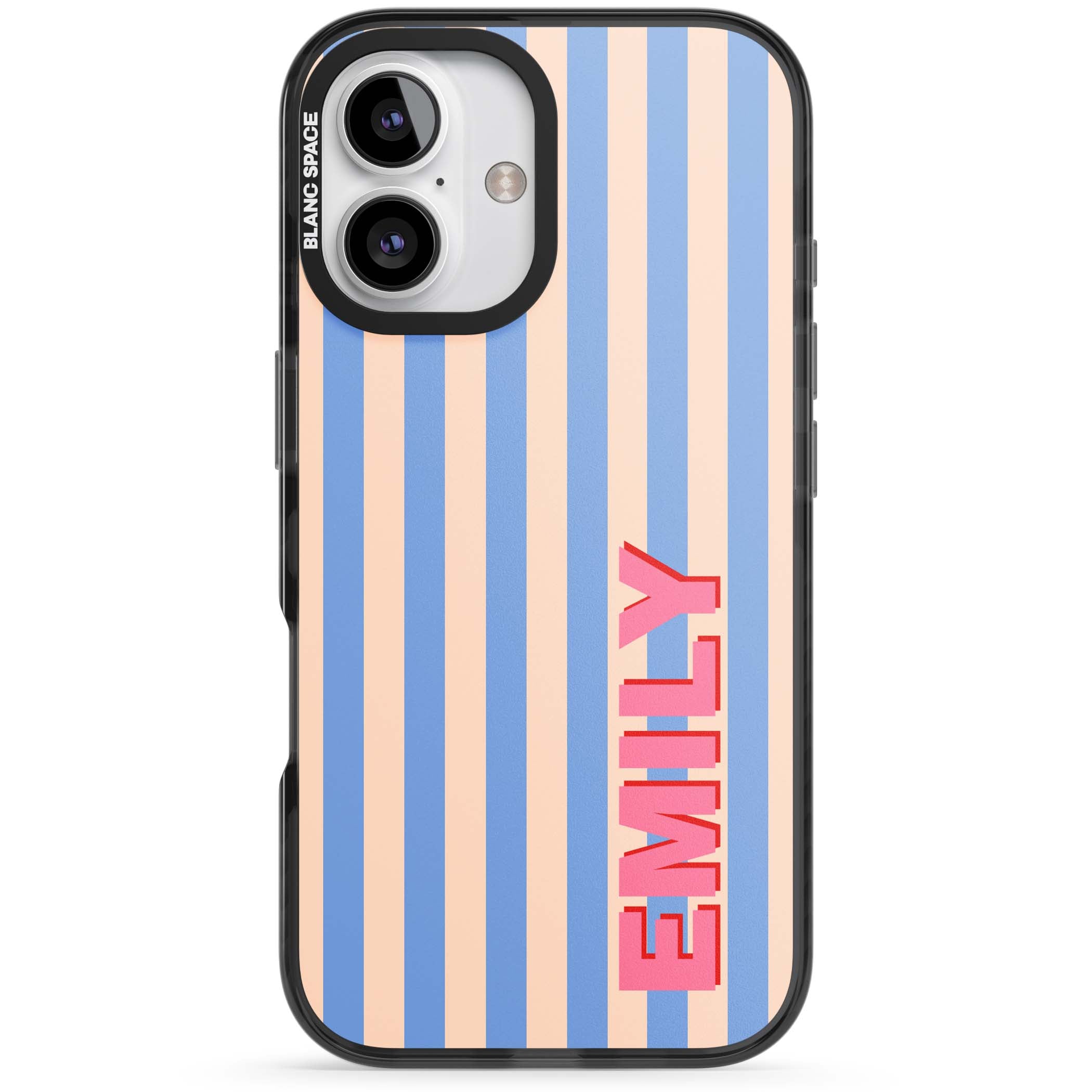 Coastal Stripe personalised coastal iPhone case with blue and peach vertical stripes and custom pink name | Black Impact Magsafe case for iPhone 16, iPhone 16 Plus