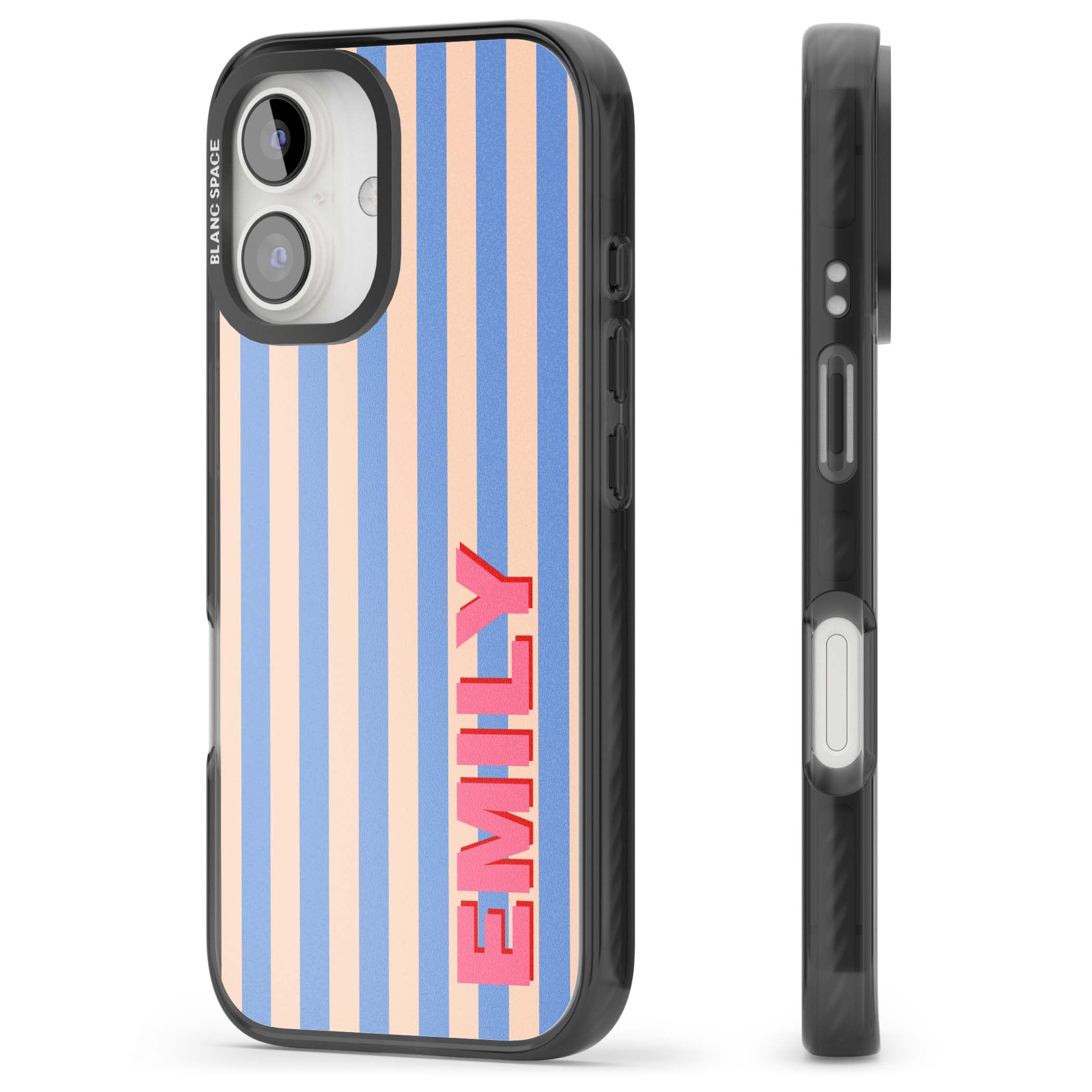 Coastal Stripe personalised coastal iPhone case with blue and peach vertical stripes and custom pink name | Black Impact Magsafe case for iPhone 16, iPhone 16 Plus