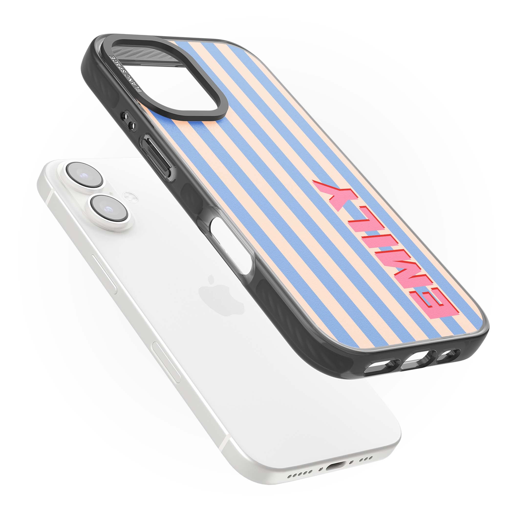 Coastal Stripe personalised coastal iPhone case with blue and peach vertical stripes and custom pink name | Black Impact Magsafe case for iPhone 16, iPhone 16 Plus
