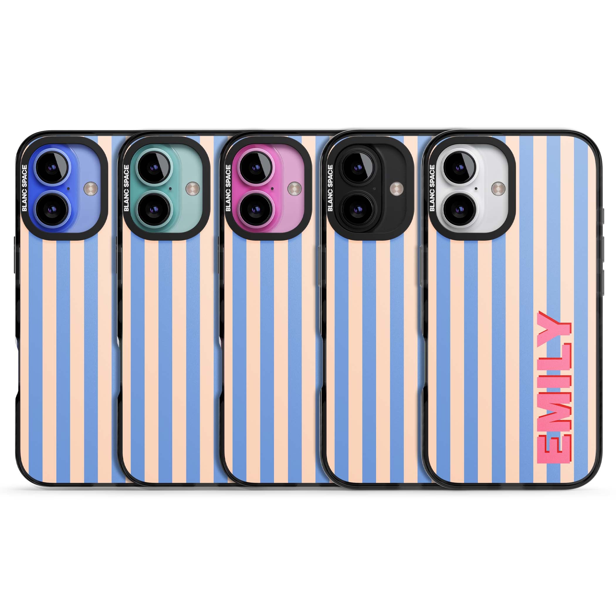 Coastal Stripe personalised coastal iPhone case with blue and peach vertical stripes and custom pink name | Black Impact Magsafe case for iPhone 16, iPhone 16 Plus