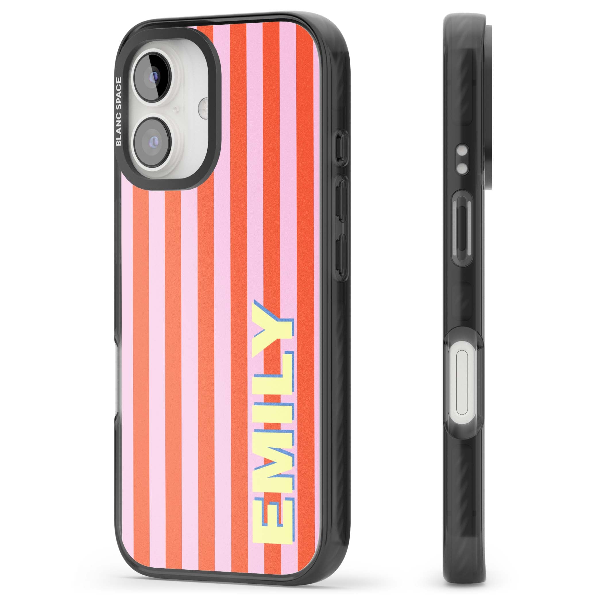 Havana Stripe personalised iPhone case featuring pink and orange vertical stripes with a custom yellow name | Black Impact Magsafe case for iPhone 16, iPhone 16 Plus