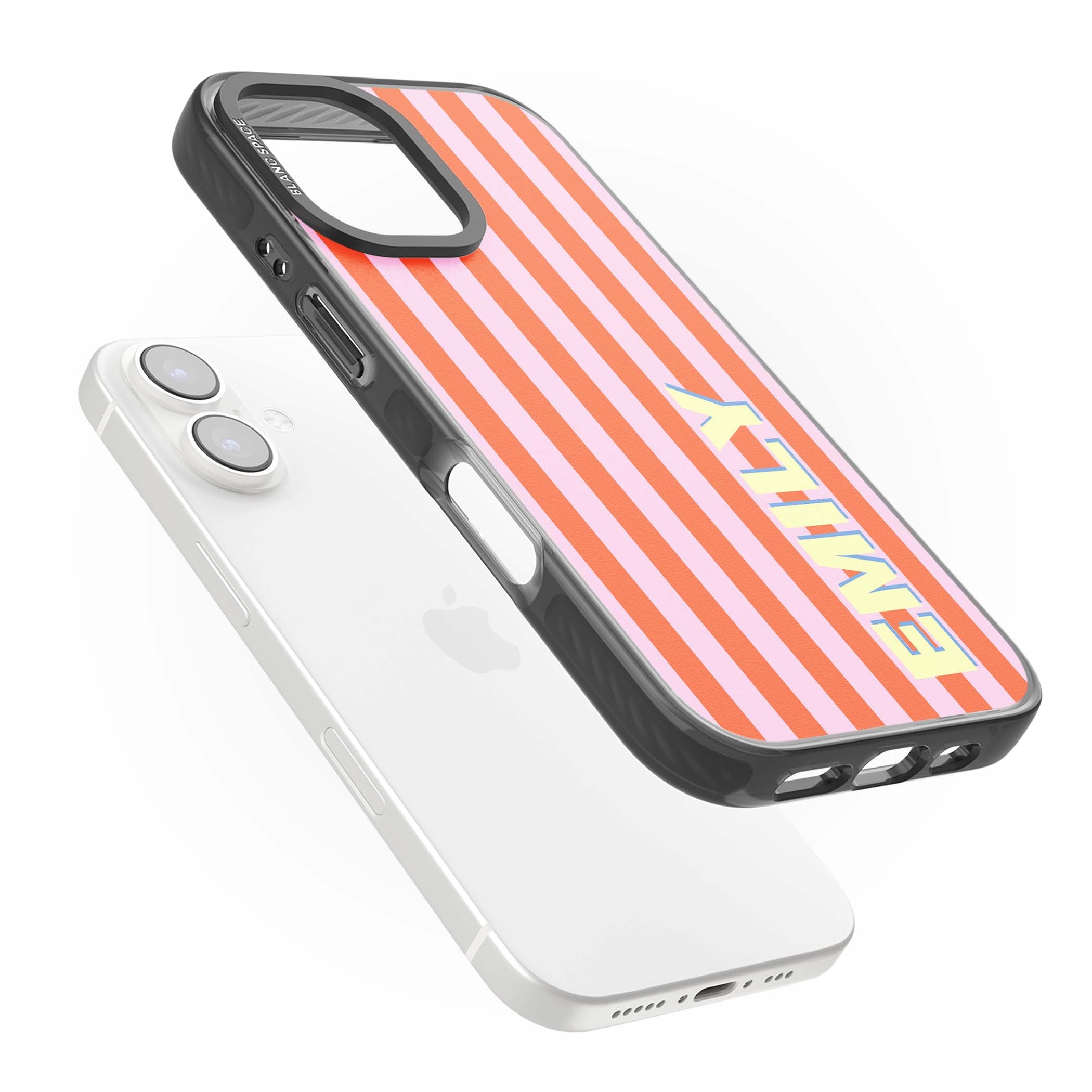 Havana Stripe personalised iPhone case featuring pink and orange vertical stripes with a custom yellow name | Black Impact Magsafe case for iPhone 16, iPhone 16 Plus