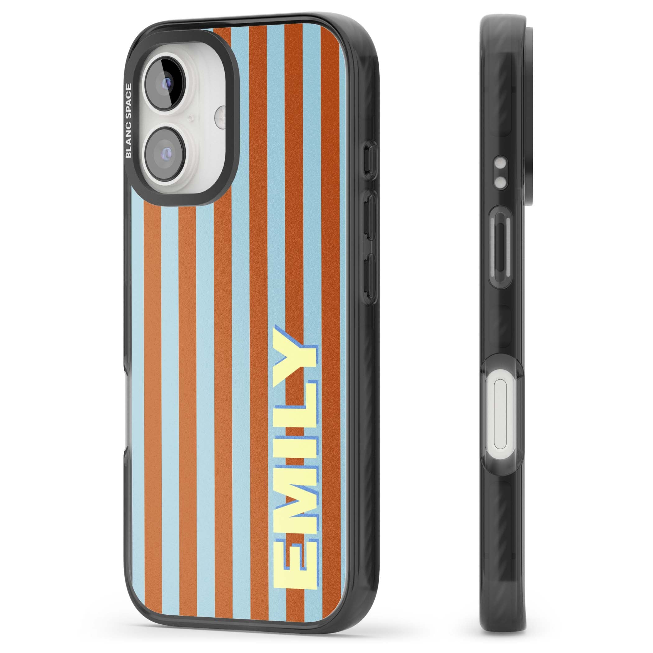 Cappadocia Stripe personalised coastal iPhone case featuring blue and orange vertical stripes with custom cream name | Black Impact Magsafe case for iPhone 16, iPhone 16 Plus