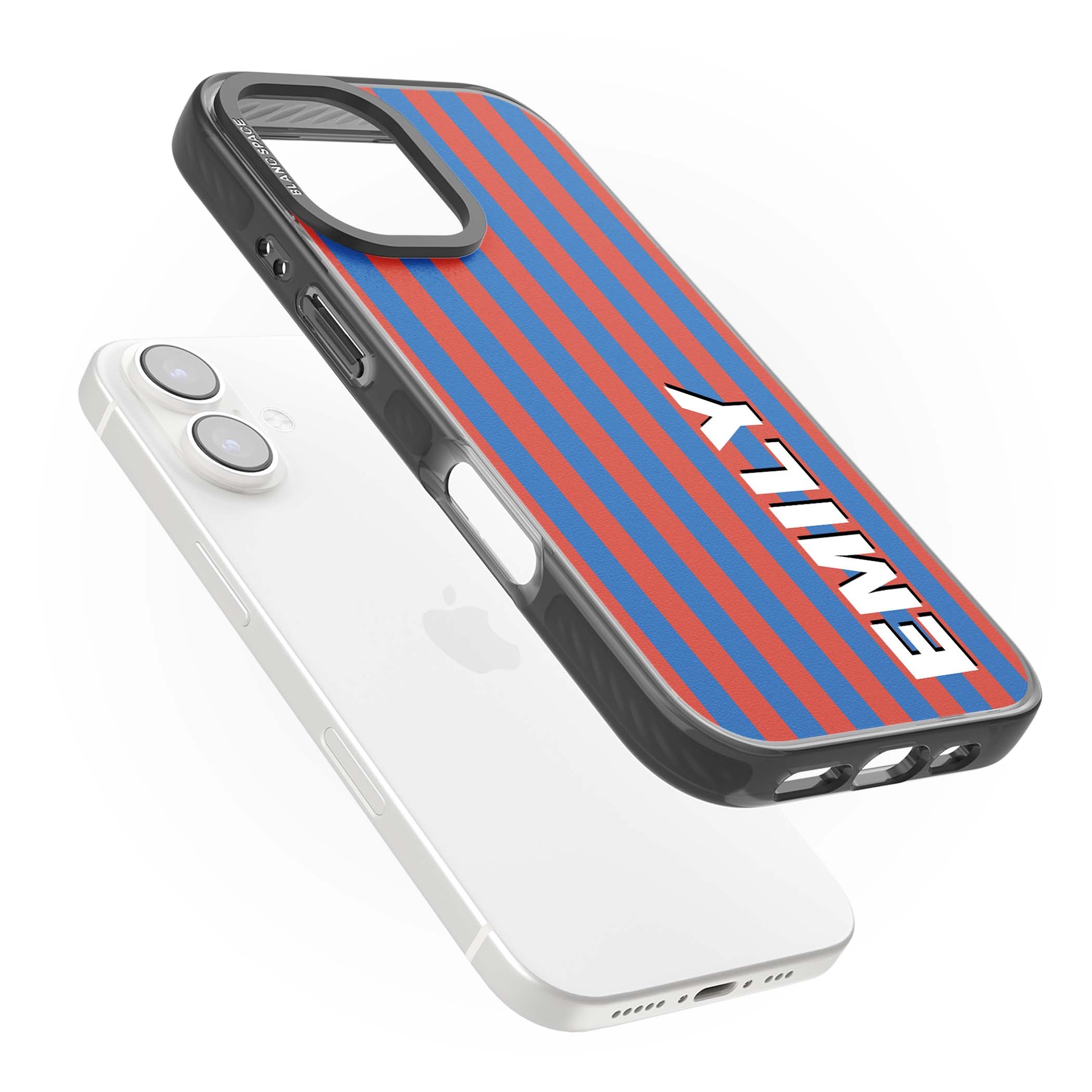Cuban Stripe personalised iPhone case featuring red and blue vertical stripes with custom name in bold white letters | Black Impact Magsafe case for iPhone 16, iPhone 16 Plus