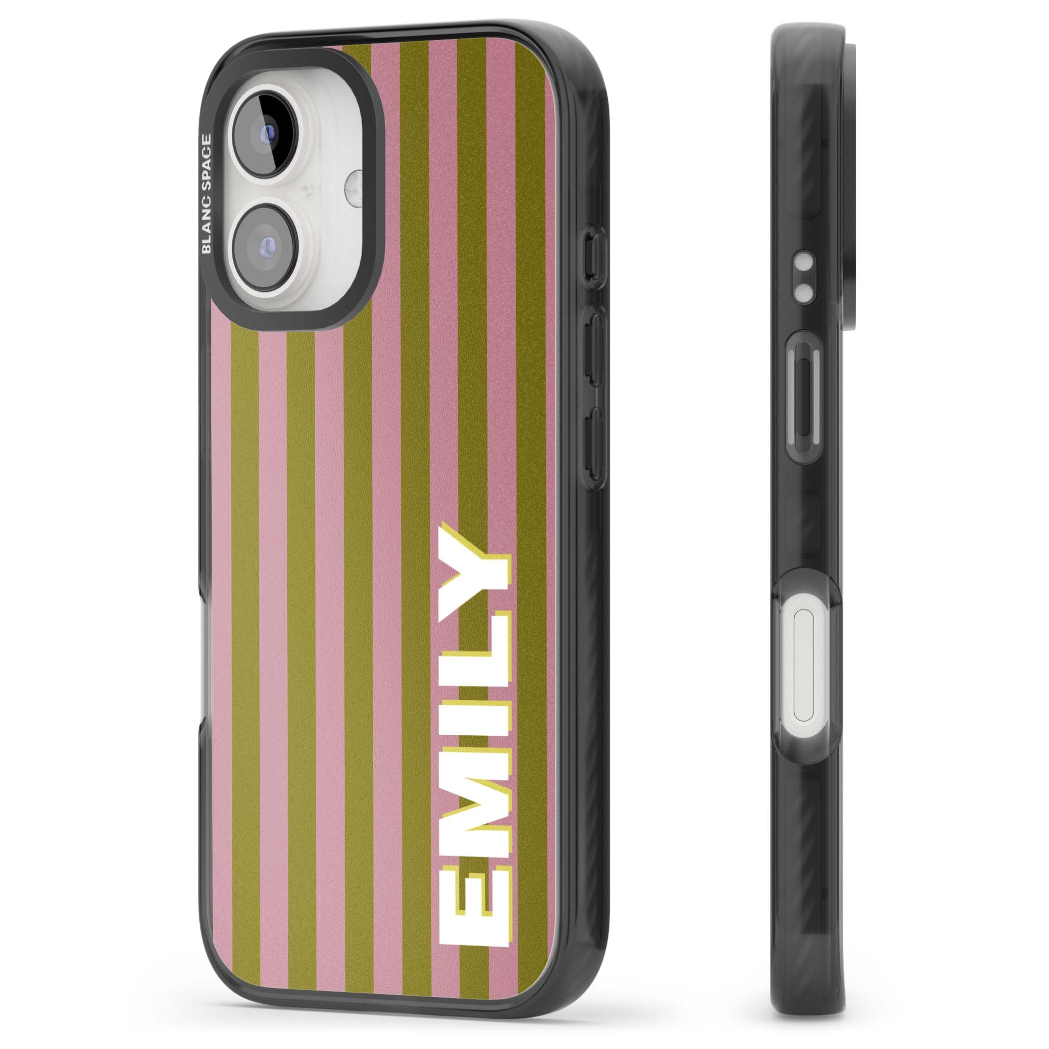Istanbul Stripe personalised iPhone case featuring pink and olive green vertical stripes with a custom vertical name | Black Impact Magsafe case for iPhone 16, iPhone 16 Plus