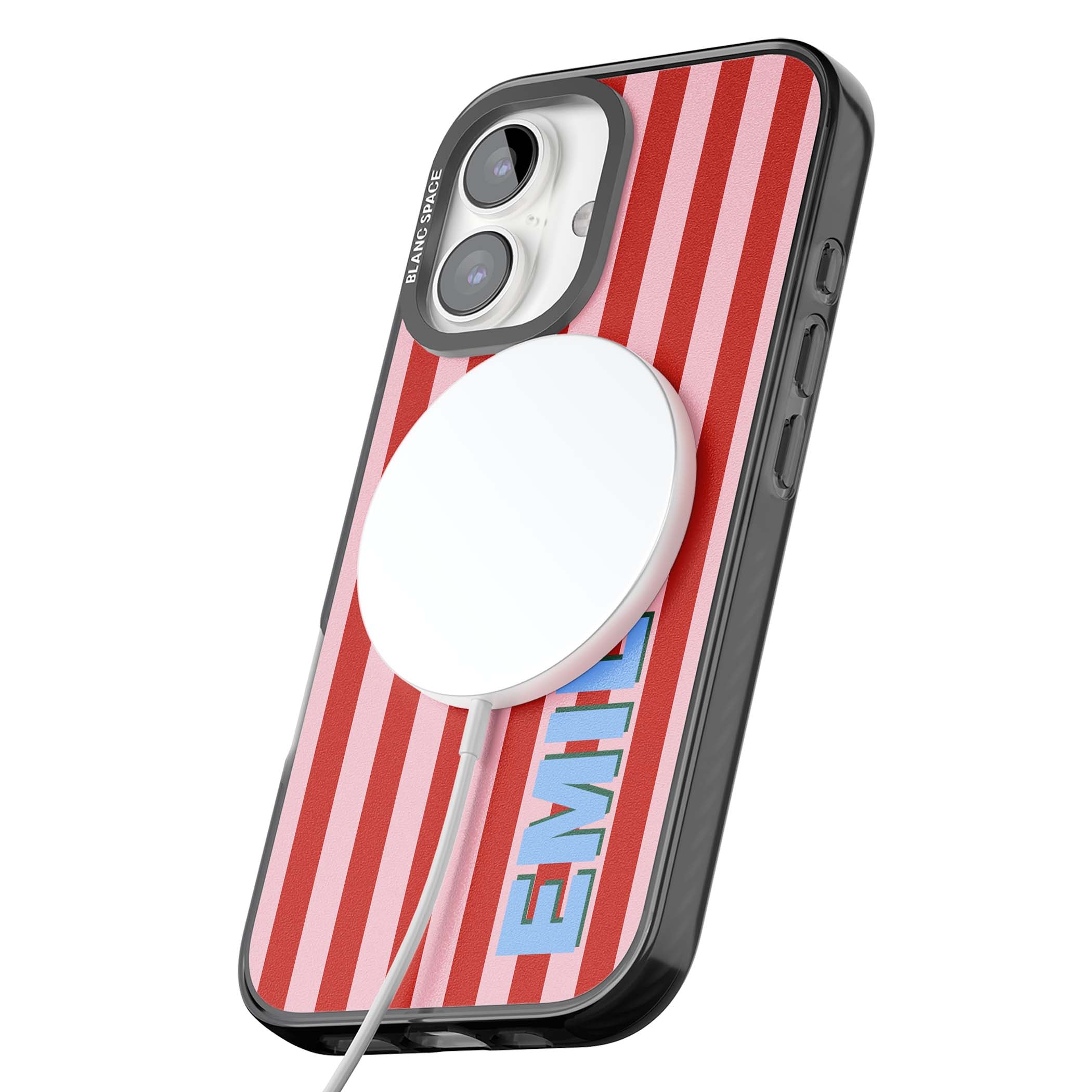 Market Stripe personalised iPhone case with red and pink vertical stripes and custom blue name | Black Impact Magsafe case for iPhone 16, iPhone 16 Plus