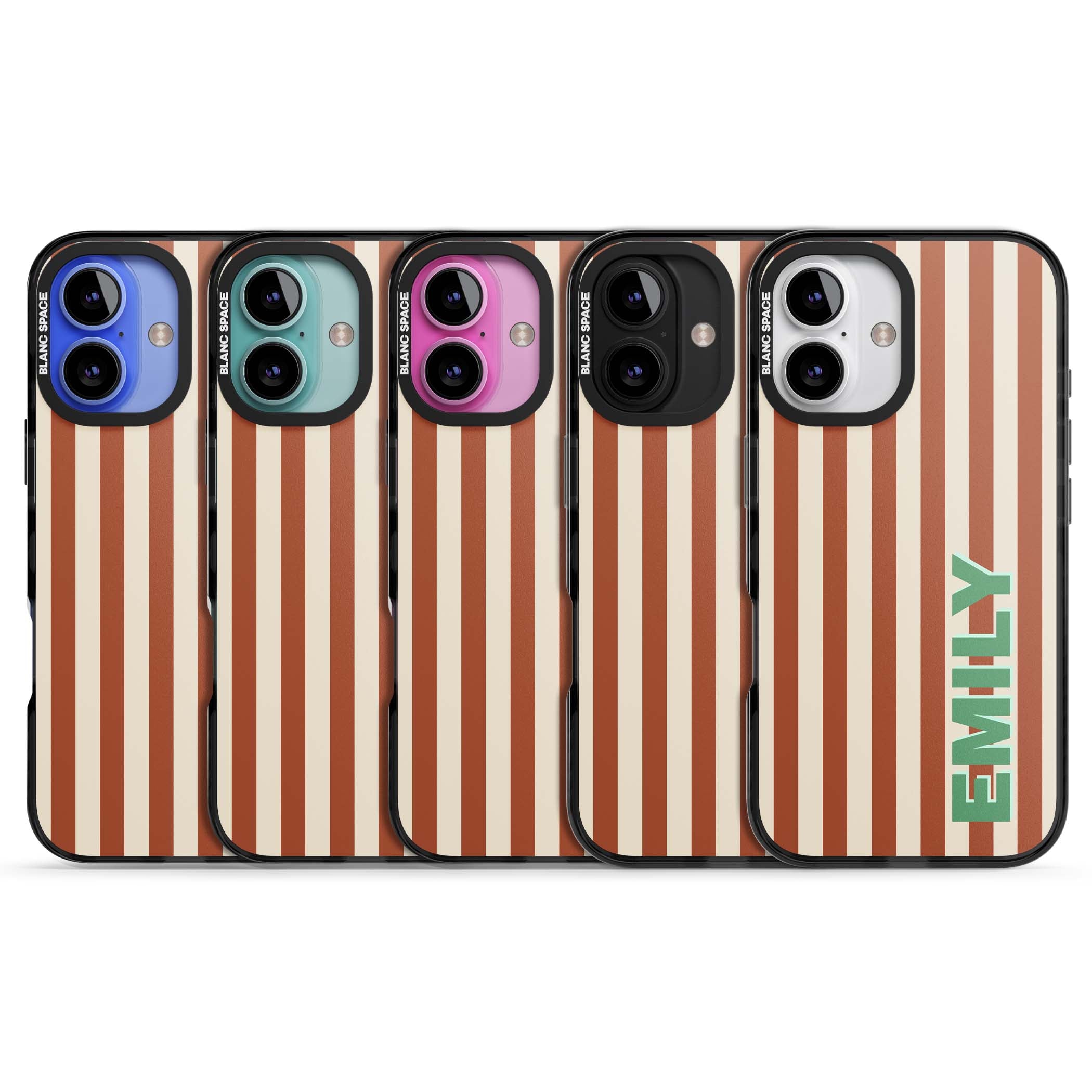 Dune Stripe personalised iPhone case with rust and cream vertical stripes and custom name in mint green | Black Impact Magsafe case for iPhone 16, iPhone 16 Plus