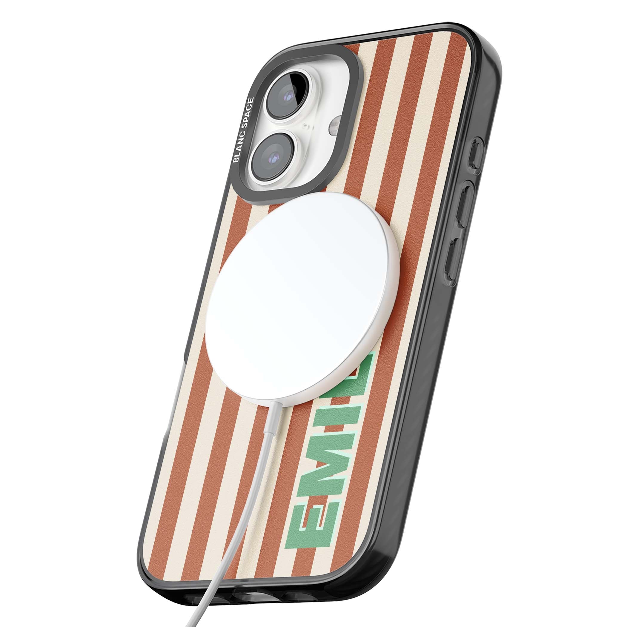 Dune Stripe personalised iPhone case with rust and cream vertical stripes and custom name in mint green | Black Impact Magsafe case for iPhone 16, iPhone 16 Plus