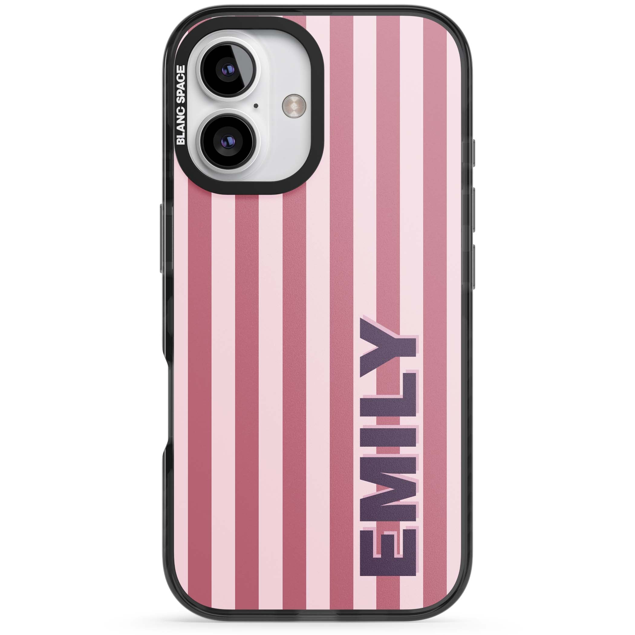 Victoria Stripe personalised iPhone case featuring pink vertical stripes and custom name in bold plum lettering | Black Impact Magsafe case for iPhone 16, iPhone 16 Plus