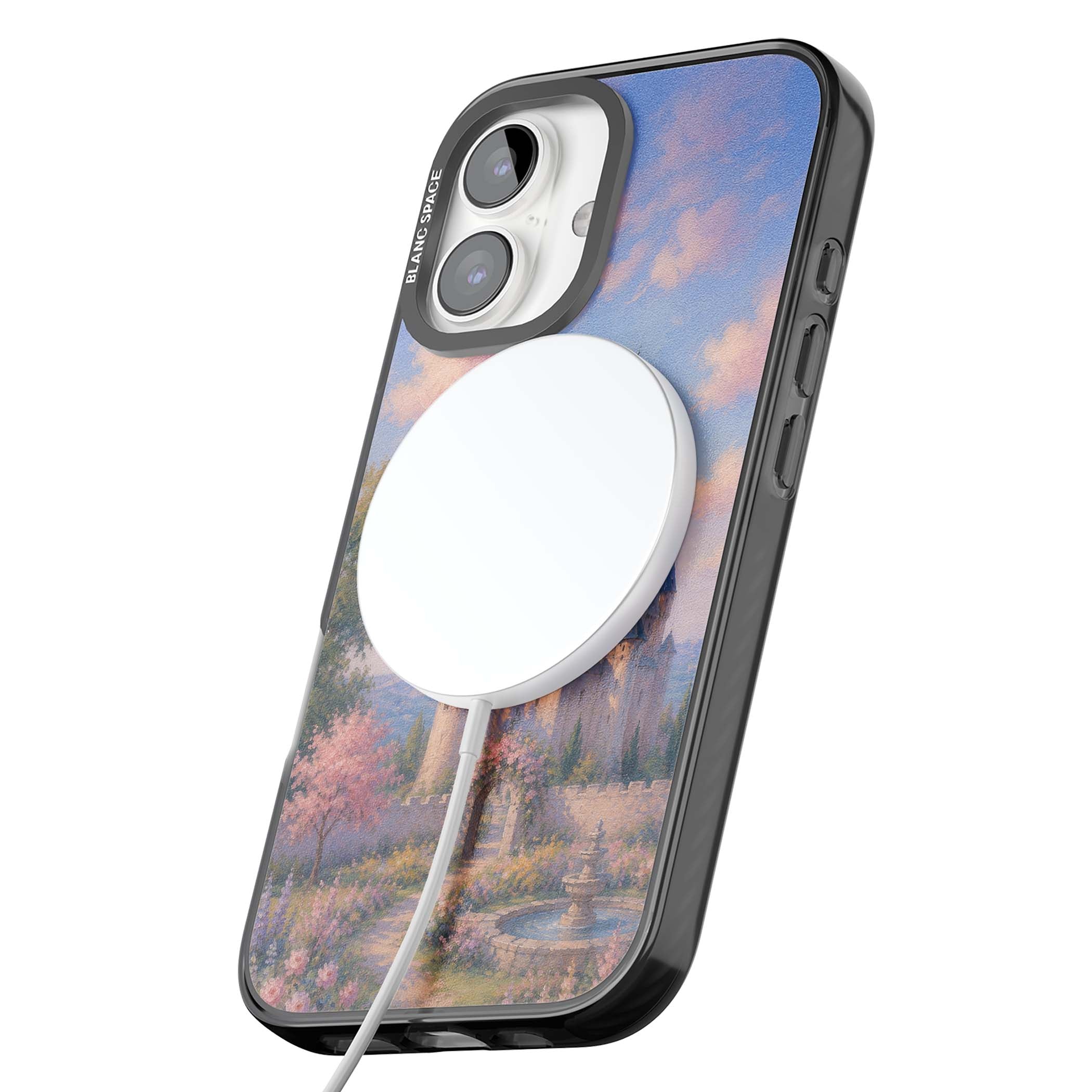 Enchanted Kingdom fairytale iPhone case featuring a romantic castle painting with cherry blossoms and pastel pink sky | Black Impact Magsafe case for iPhone 16, iPhone 16 Plus