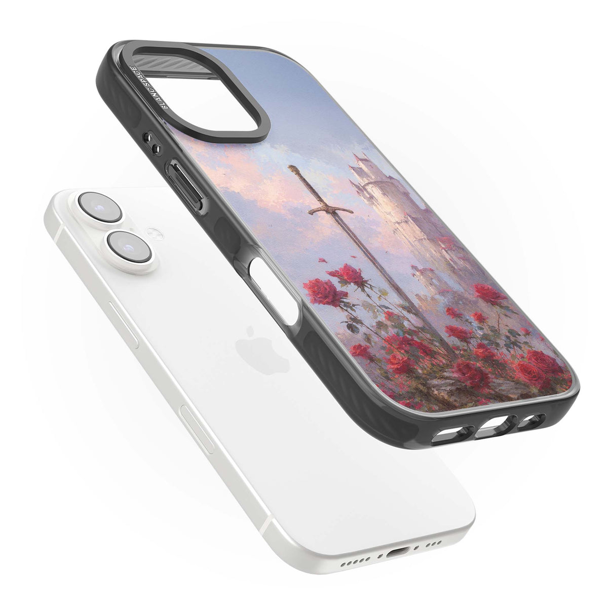 Sword in Roses medieval art iPhone case featuring a sword, red roses, and a misty fairytale castle at sunset | Black Impact Magsafe case for iPhone 16, iPhone 16 Plus