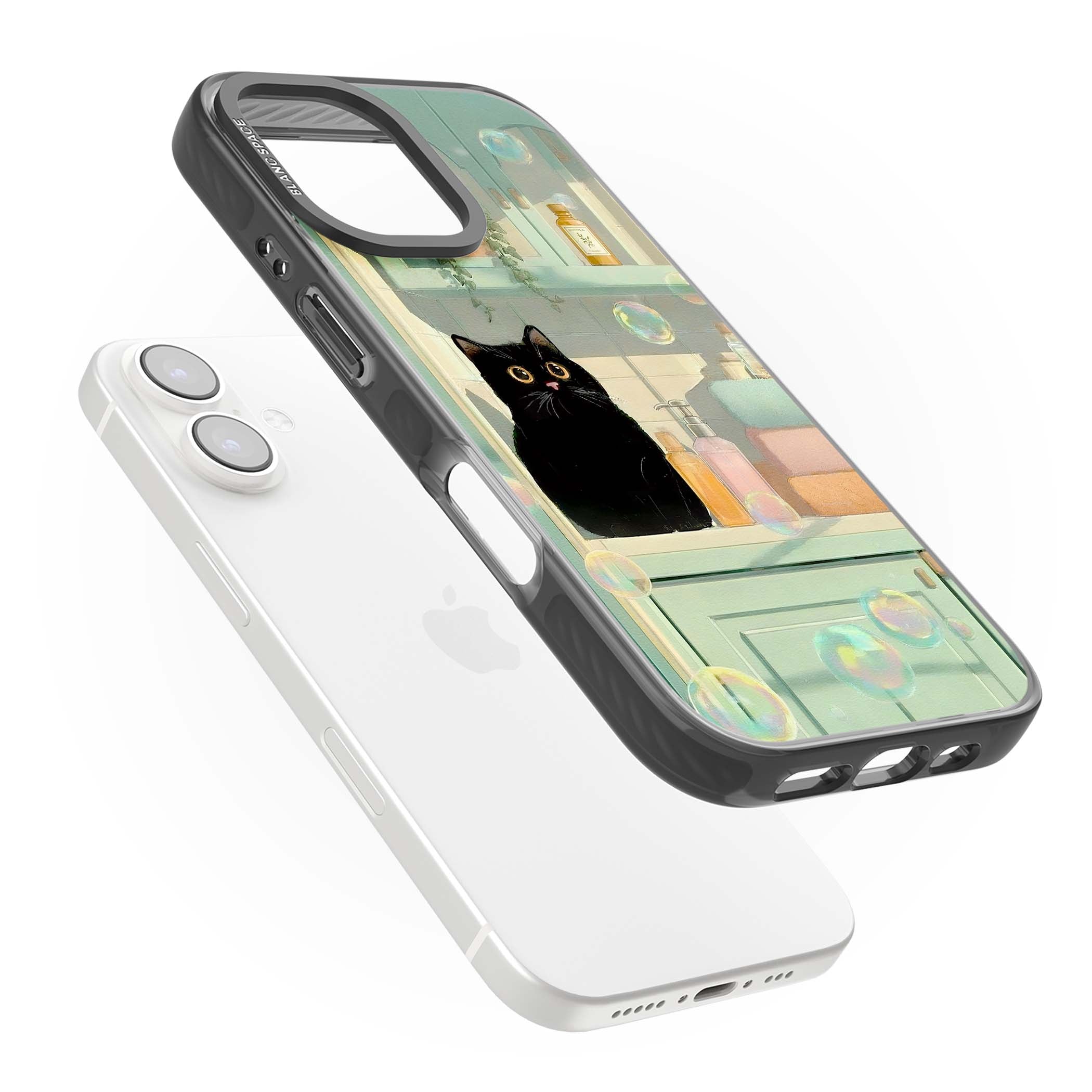 Bathroom Bubble Kitty cottagecore iPhone case featuring a black cat, mint bathroom scene and floating soap bubbles | Black Impact Magsafe case for iPhone 16, iPhone 16 Plus