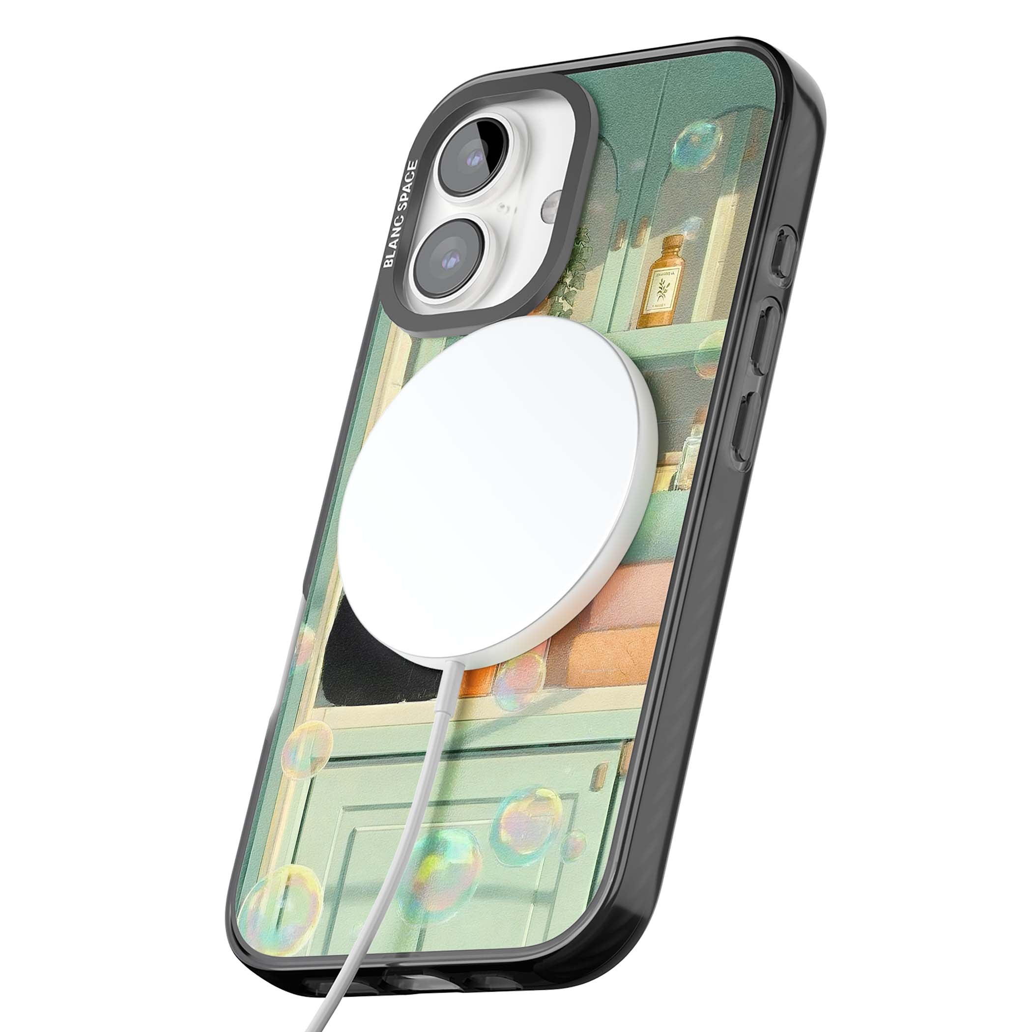 Bathroom Bubble Kitty cottagecore iPhone case featuring a black cat, mint bathroom scene and floating soap bubbles | Black Impact Magsafe case for iPhone 16, iPhone 16 Plus
