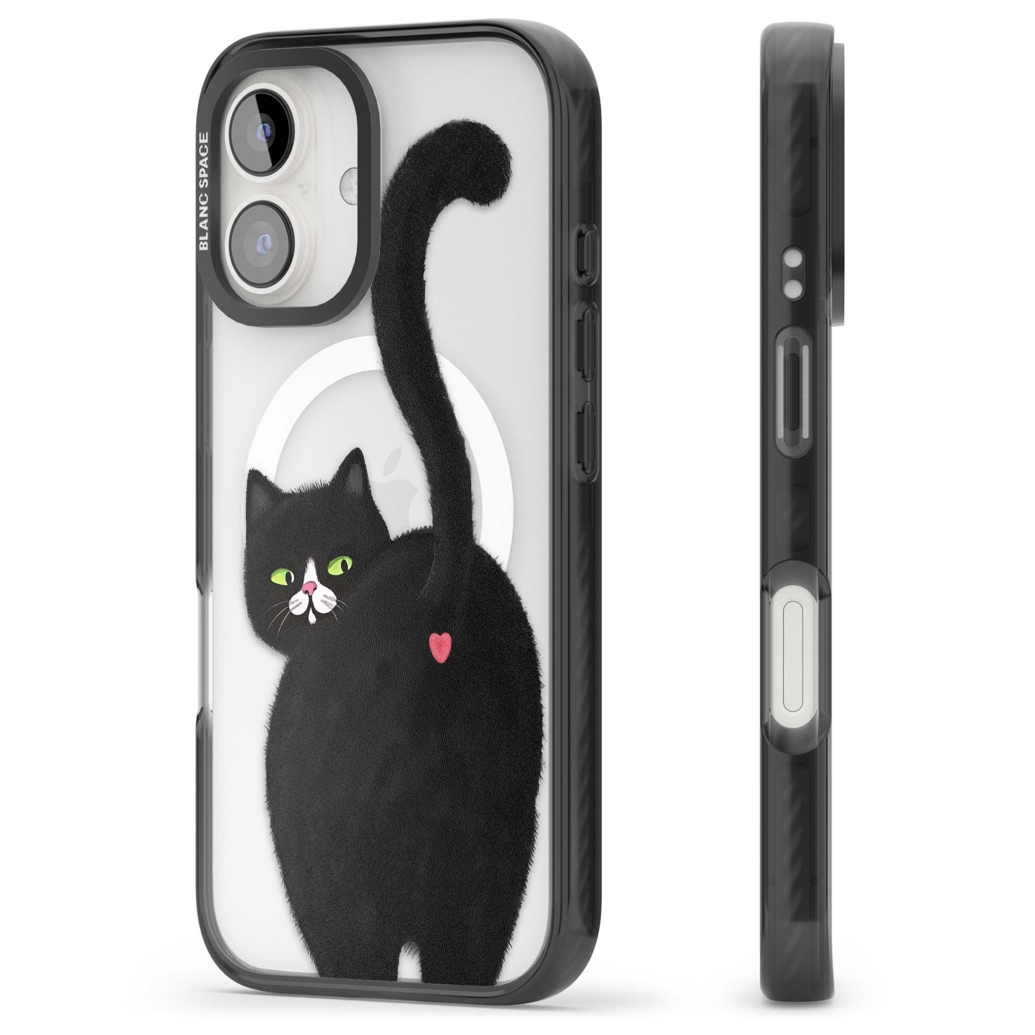 The Cat's Kiss cute cat iPhone case featuring a hand-painted tuxedo kitty with green eyes and a pink heart on a clear | Black Impact Magsafe case for iPhone 16, iPhone 16 Plus