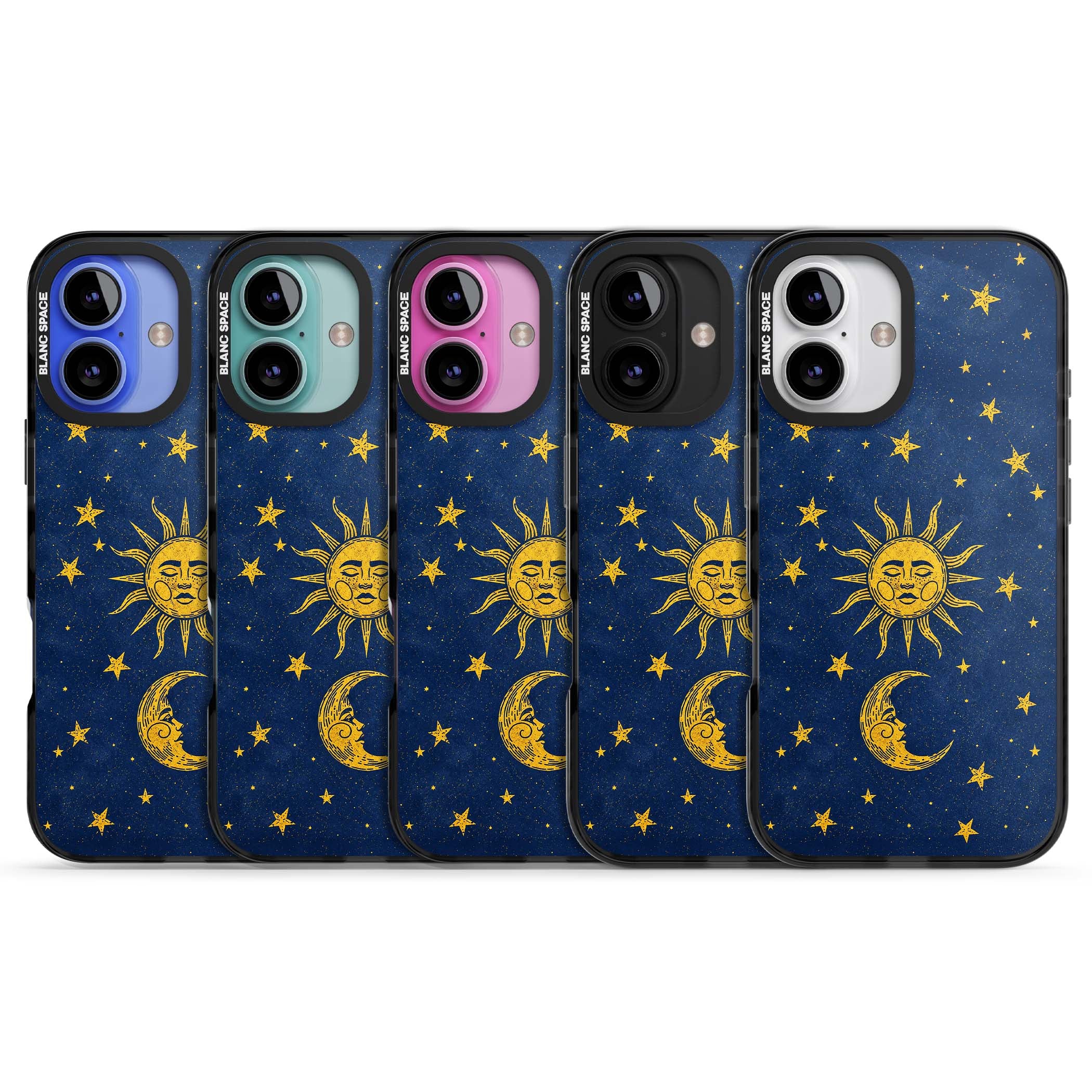 Sun & Moon Reverie celestial iPhone case featuring a vintage golden sun, crescent moon and scattered stars on midnight blue | Black Impact Magsafe case for iPhone 16, iPhone 16 Plus