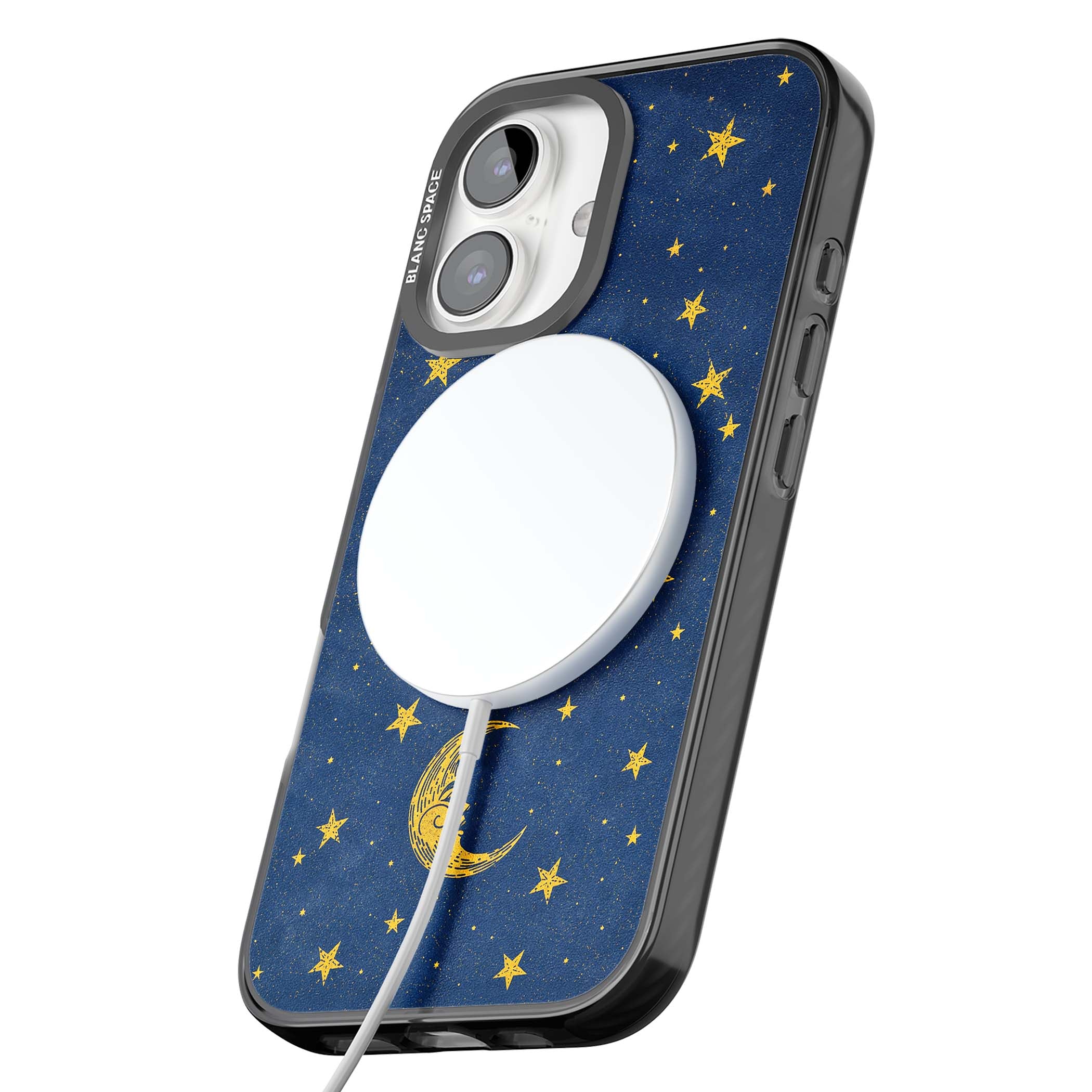 Sun & Moon Reverie celestial iPhone case featuring a vintage golden sun, crescent moon and scattered stars on midnight blue | Black Impact Magsafe case for iPhone 16, iPhone 16 Plus