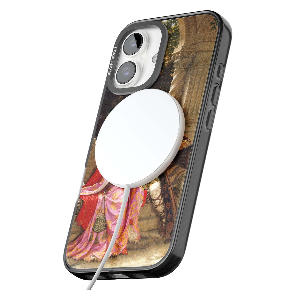 The End of the Song classic art iPhone case featuring a medieval lady in pink gown and her knight in a stone archway | Black Impact Magsafe case for iPhone 16, iPhone 16 Plus