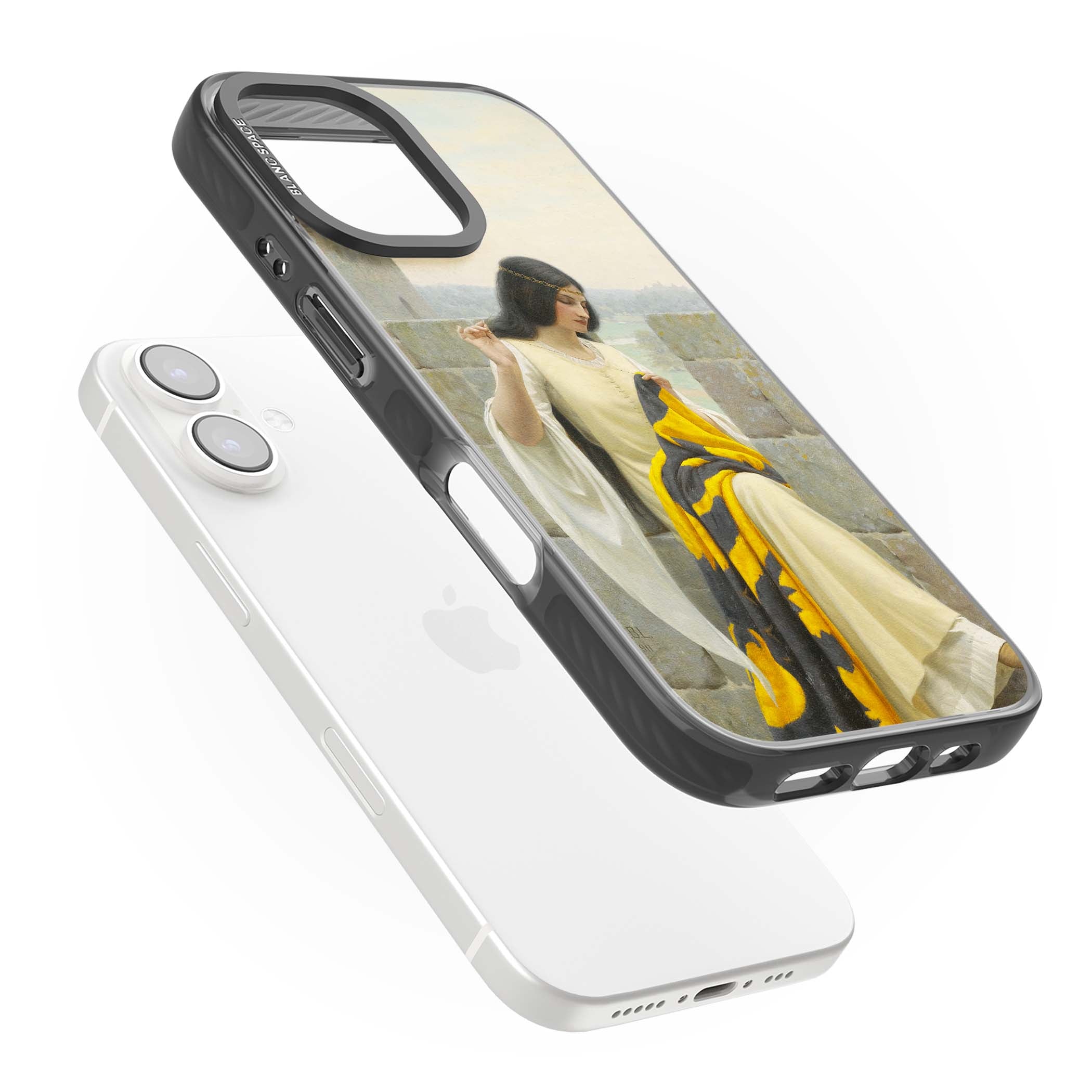 Stitching the Standard renaissance art iPhone case featuring a medieval lady sewing a golden banner on a castle wall | Black Impact Magsafe case for iPhone 16, iPhone 16 Plus