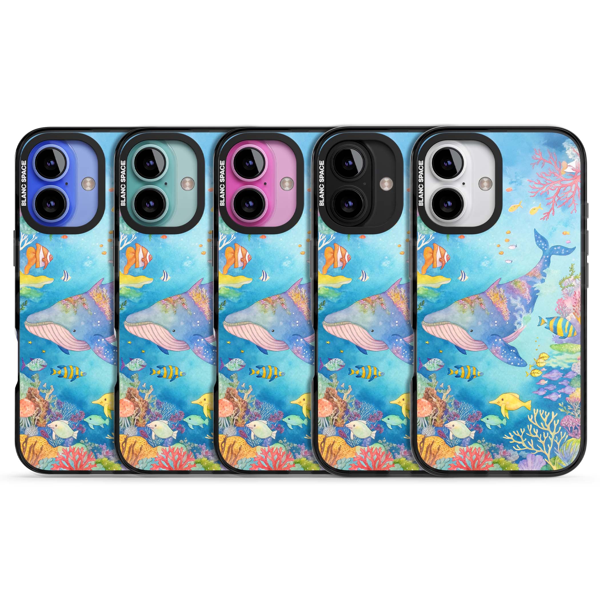 Coral Lagoon ocean iPhone case featuring a watercolour whale, coral reef and tropical fish | Black Impact Magsafe case for iPhone 16, iPhone 16 Plus