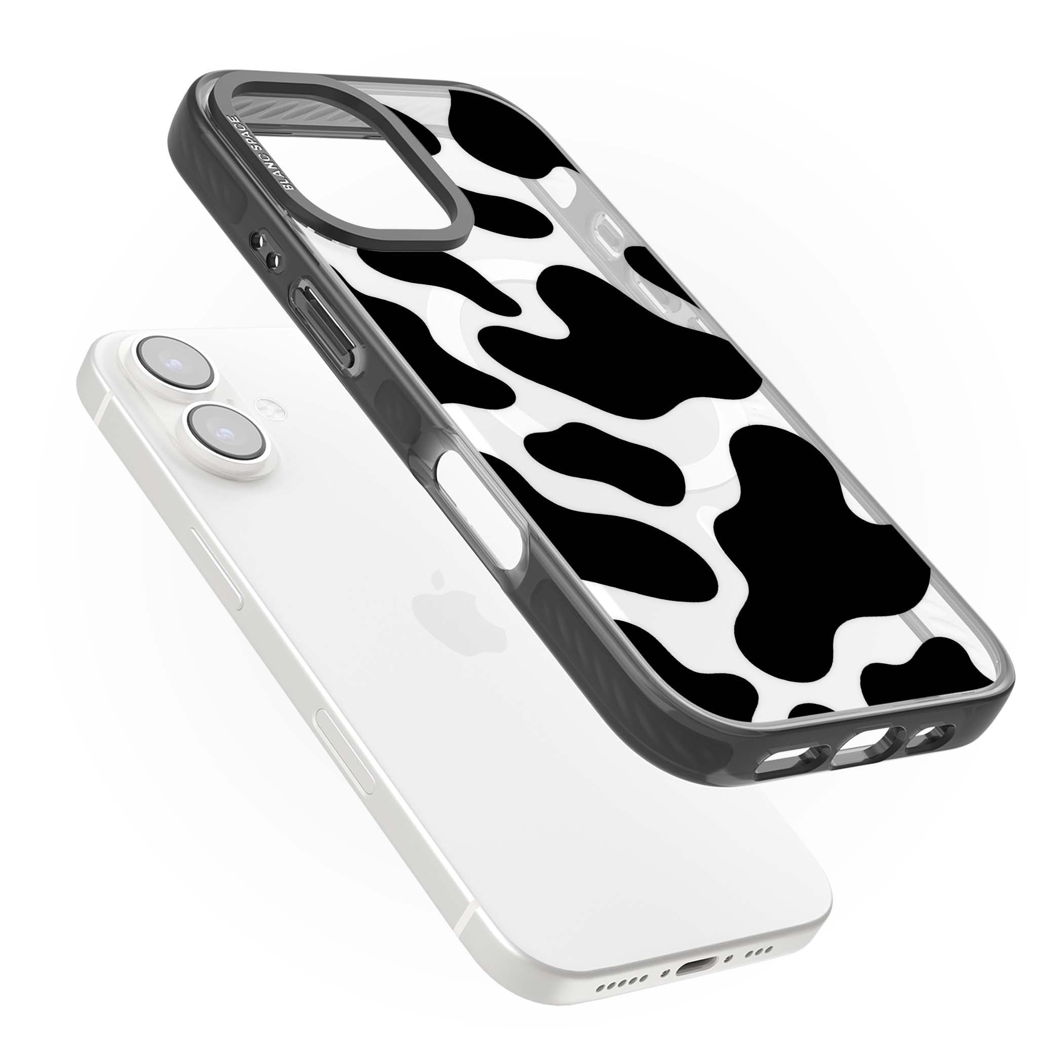 Clear Cow Print cow print iPhone case featuring black and white cow pattern splotches on a clear background | Black Impact Magsafe case for iPhone 16, iPhone 16 Plus