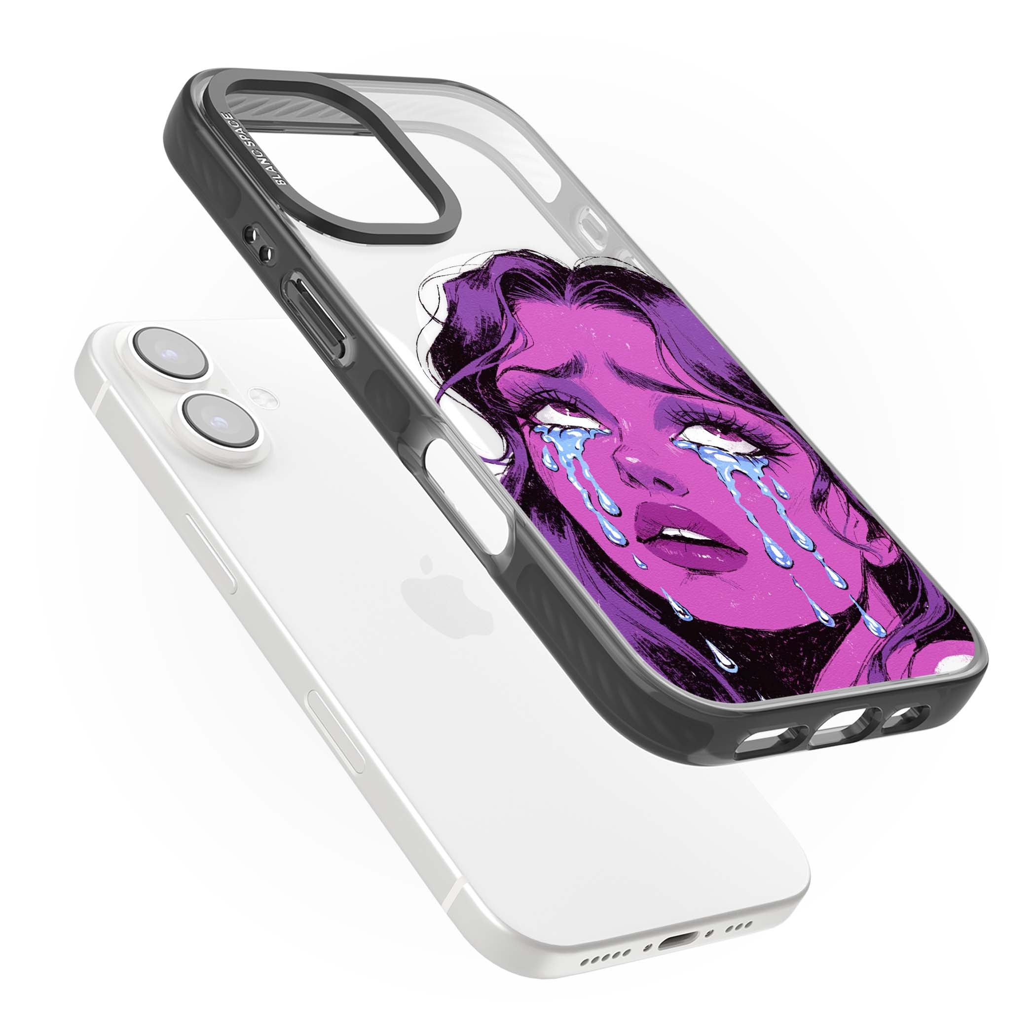 Drama Queen pop art iPhone case featuring a purple crying comic girl with blue tears | Black Impact Magsafe case for iPhone 16, iPhone 16 Plus