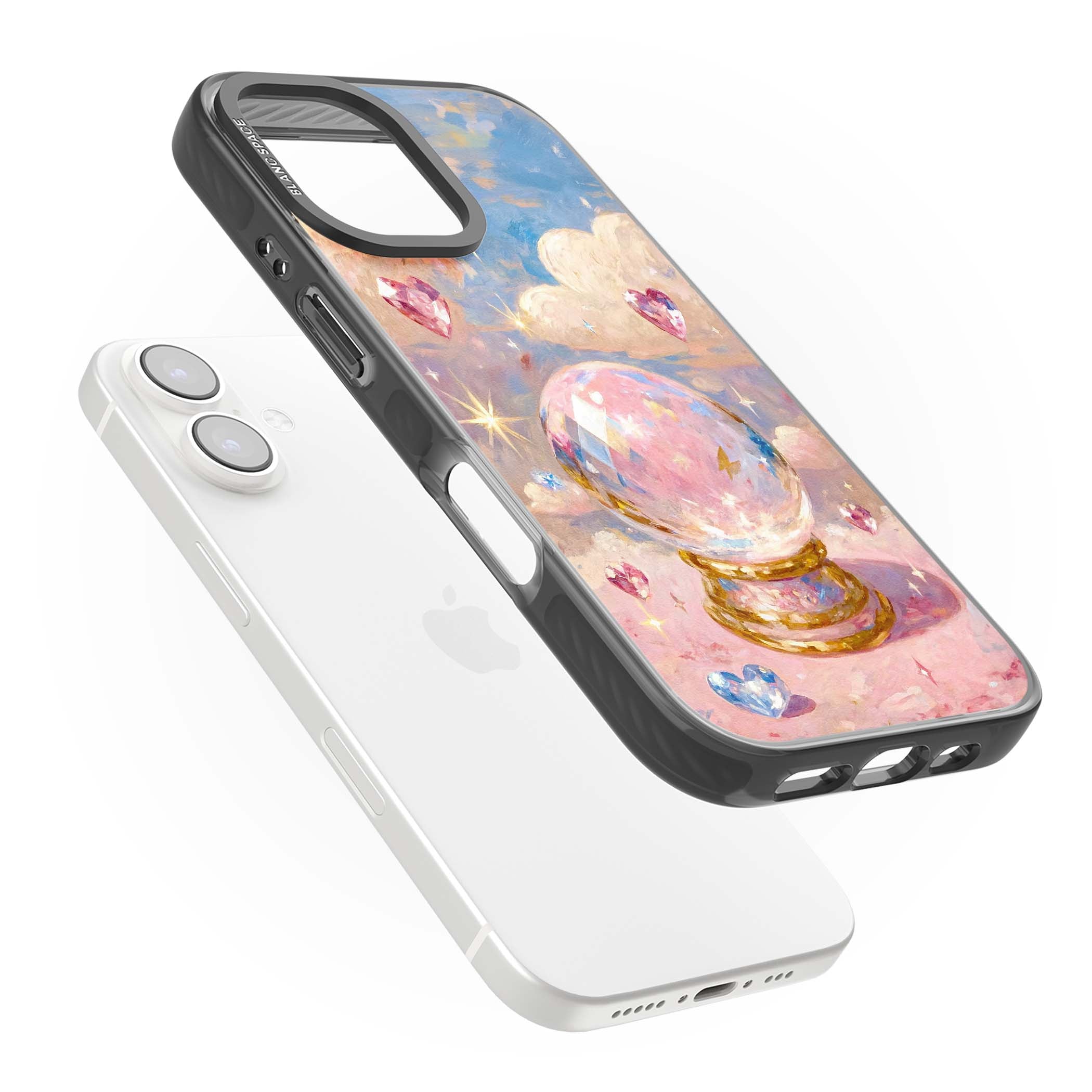 Crystal Ball fairycore iPhone case featuring a painted crystal ball, heart gemstones, and pastel clouds | Black Impact Magsafe case for iPhone 16, iPhone 16 Plus