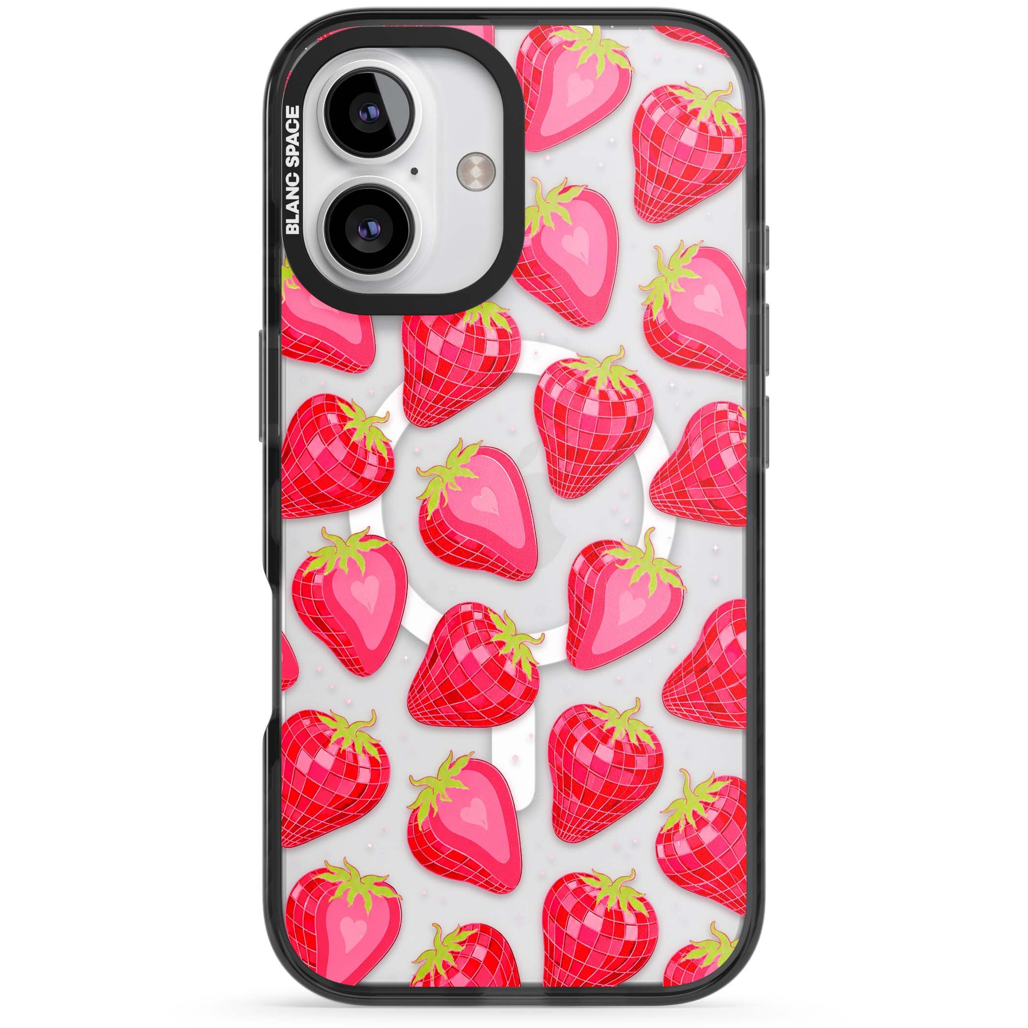 Disco Strawberry Y2K iPhone case featuring pink disco-ball strawberries, green leaves and tiny sparkles | Black Impact Magsafe case for iPhone 16, iPhone 16 Plus