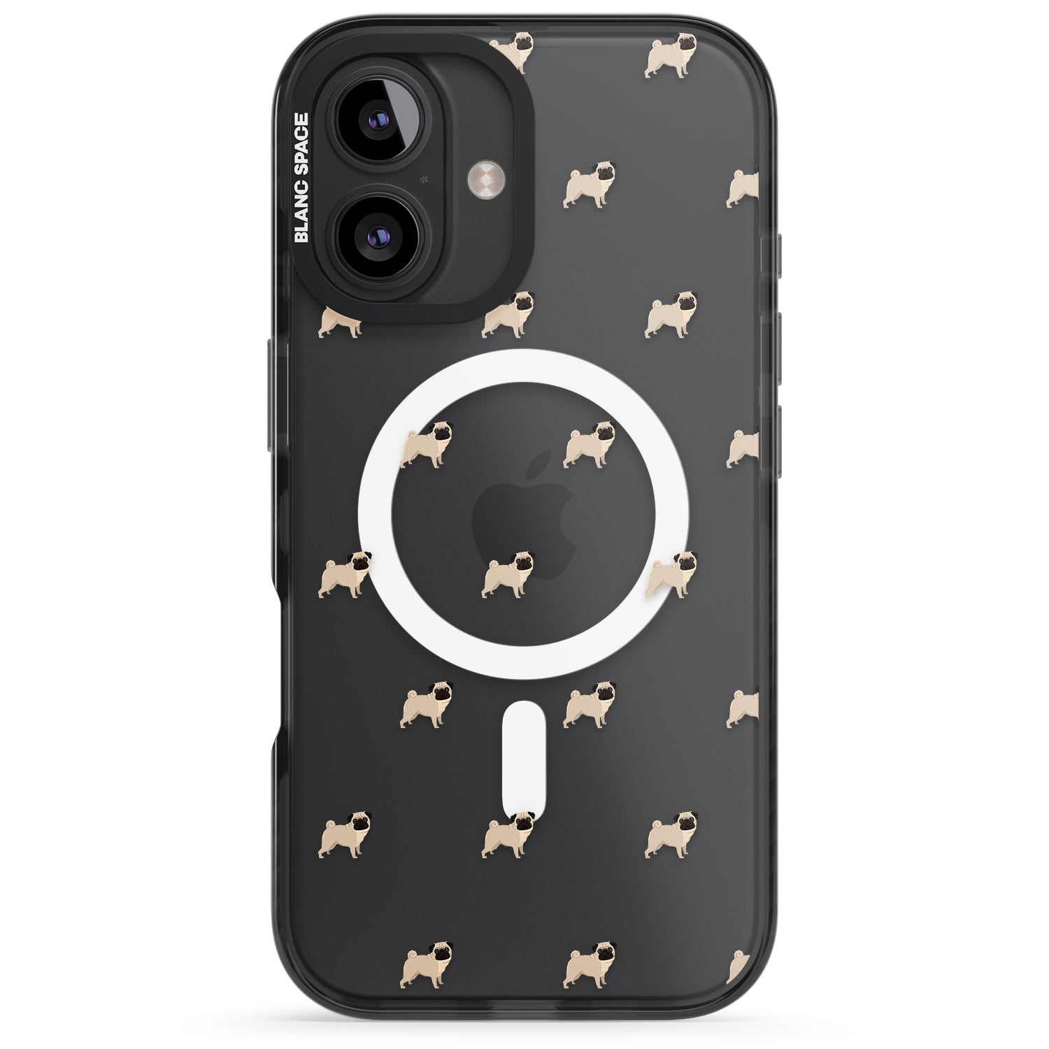 iPhone 16 Pro Max Pug Dog Pattern Clear Black Impact Phone Case