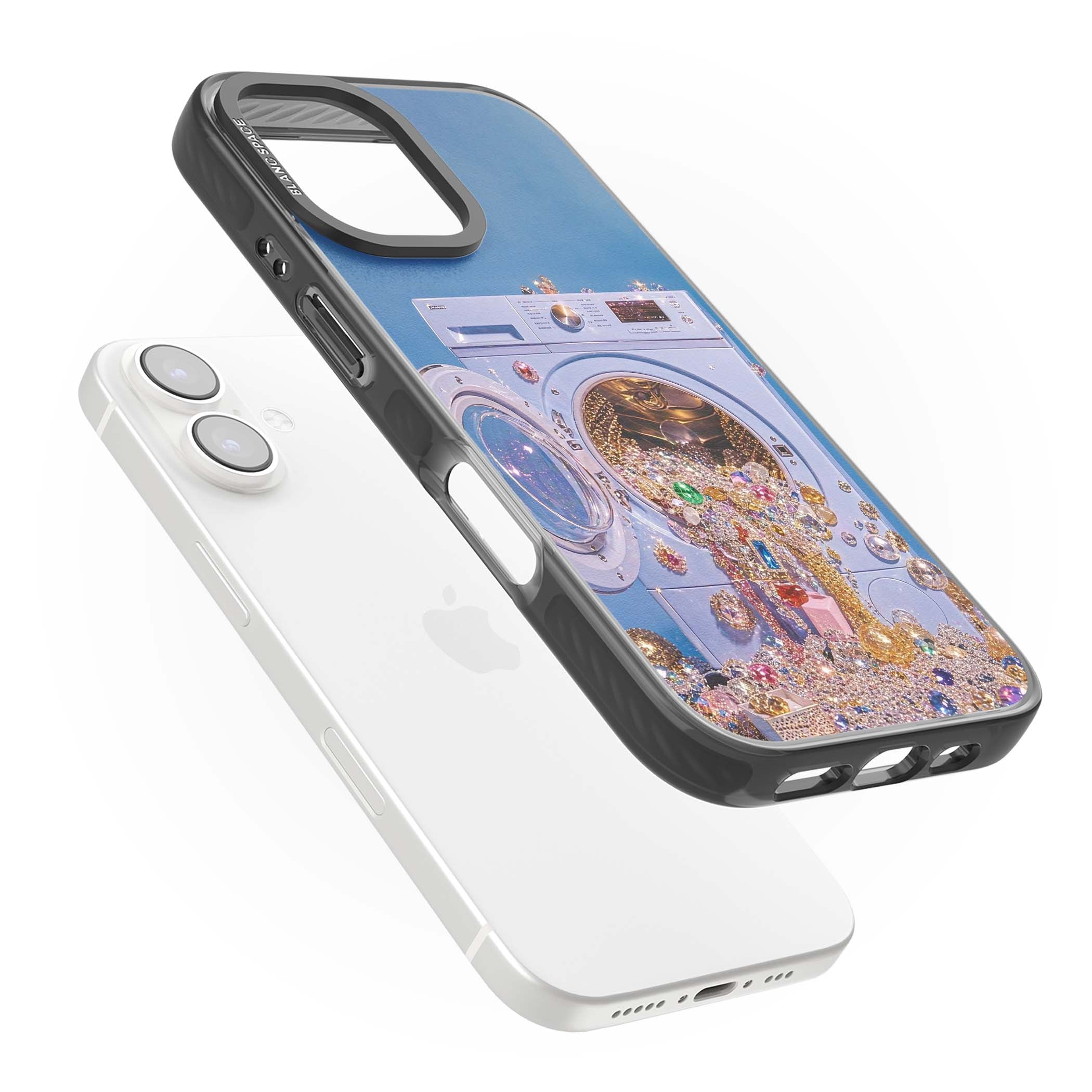 Gem Laundry baddie iPhone case featuring a surreal washing machine overflowing with colourful gemstones and crystals | Black Impact Magsafe case for iPhone 16, iPhone 16 Plus