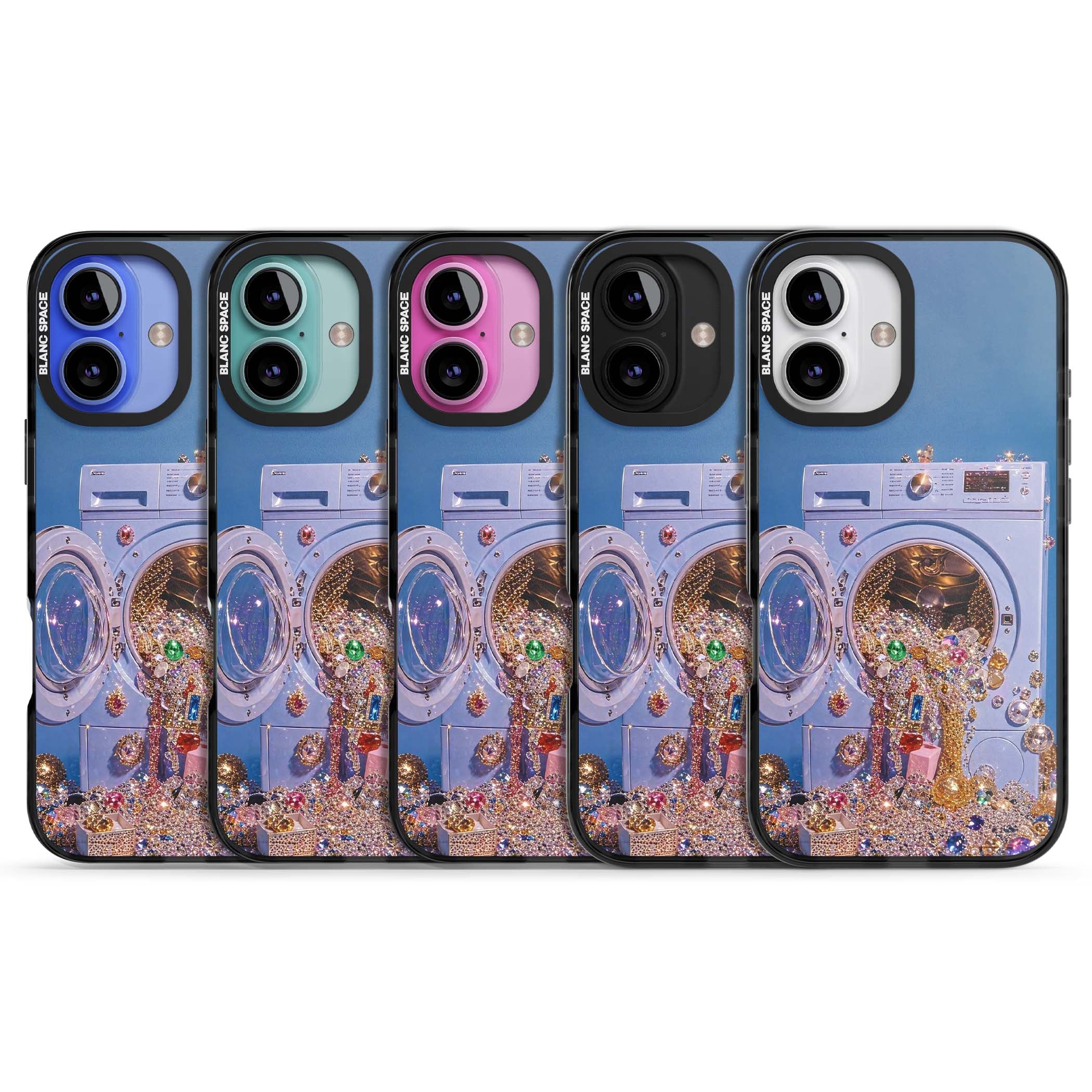 Gem Laundry baddie iPhone case featuring a surreal washing machine overflowing with colourful gemstones and crystals | Black Impact Magsafe case for iPhone 16, iPhone 16 Plus