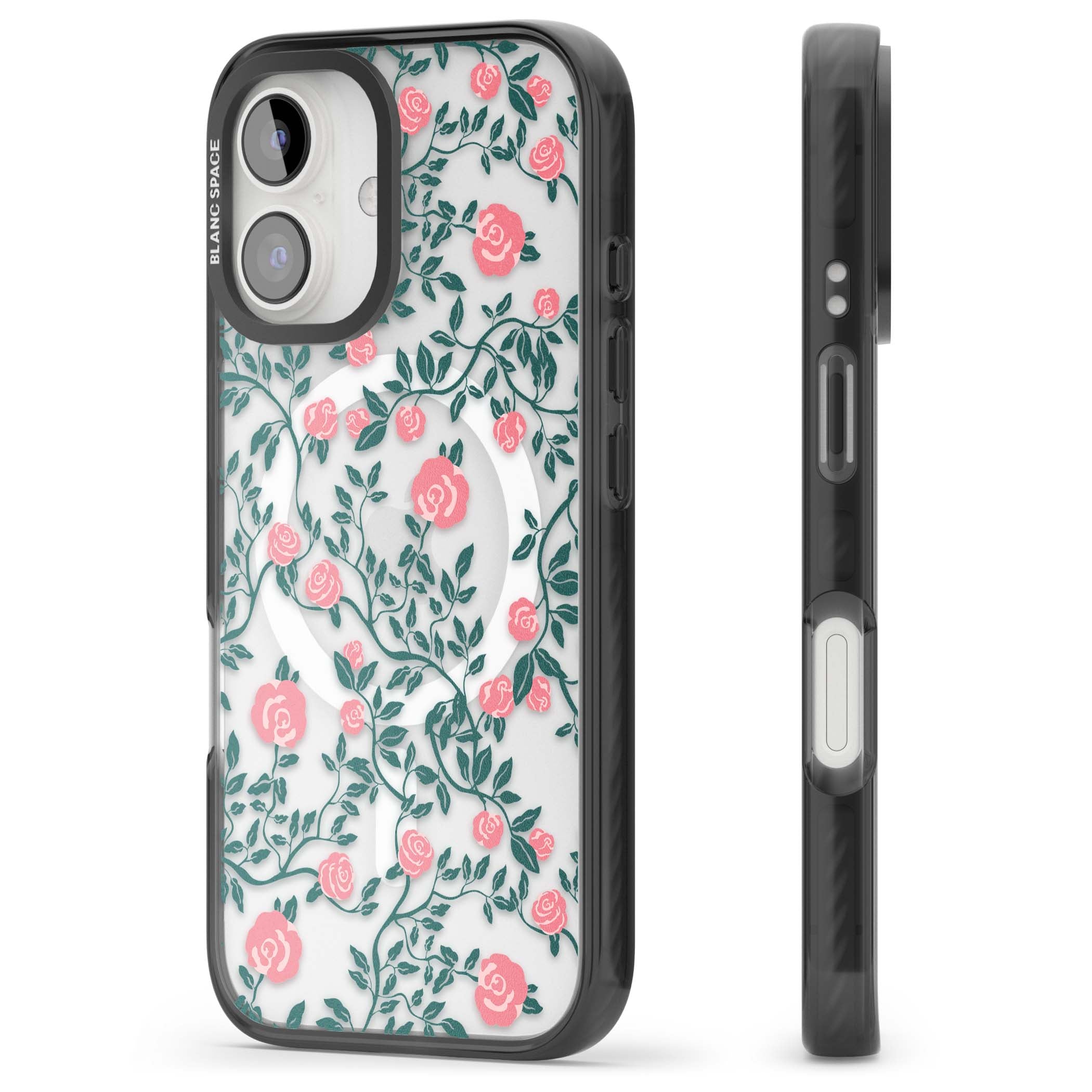 Rose Trellis (Clear) cottagecore iPhone case featuring pink climbing roses and green leaves on clear background | Black Impact Magsafe case for iPhone 16, iPhone 16 Plus
