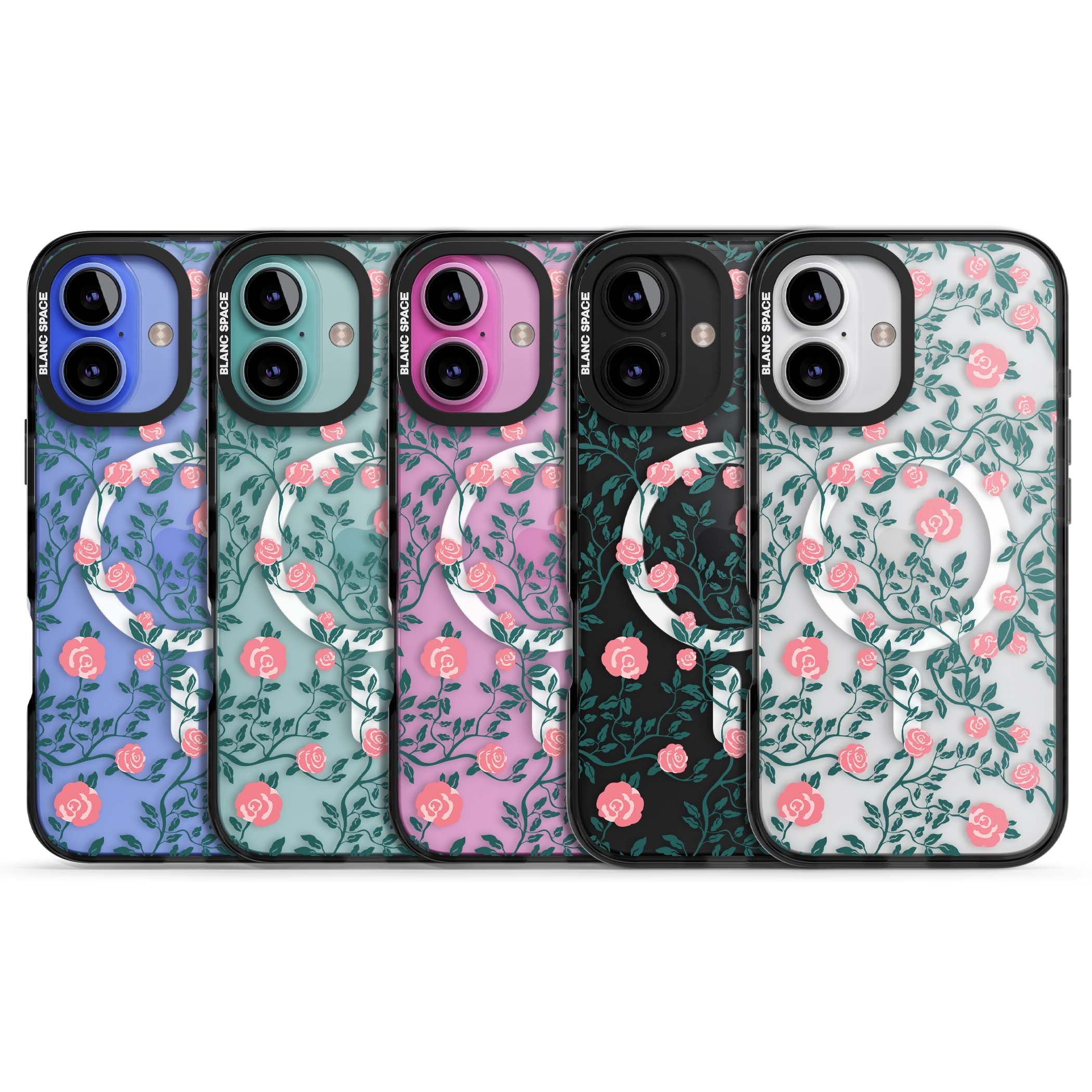 Rose Trellis (Clear) cottagecore iPhone case featuring pink climbing roses and green leaves on clear background | Black Impact Magsafe case for iPhone 16, iPhone 16 Plus