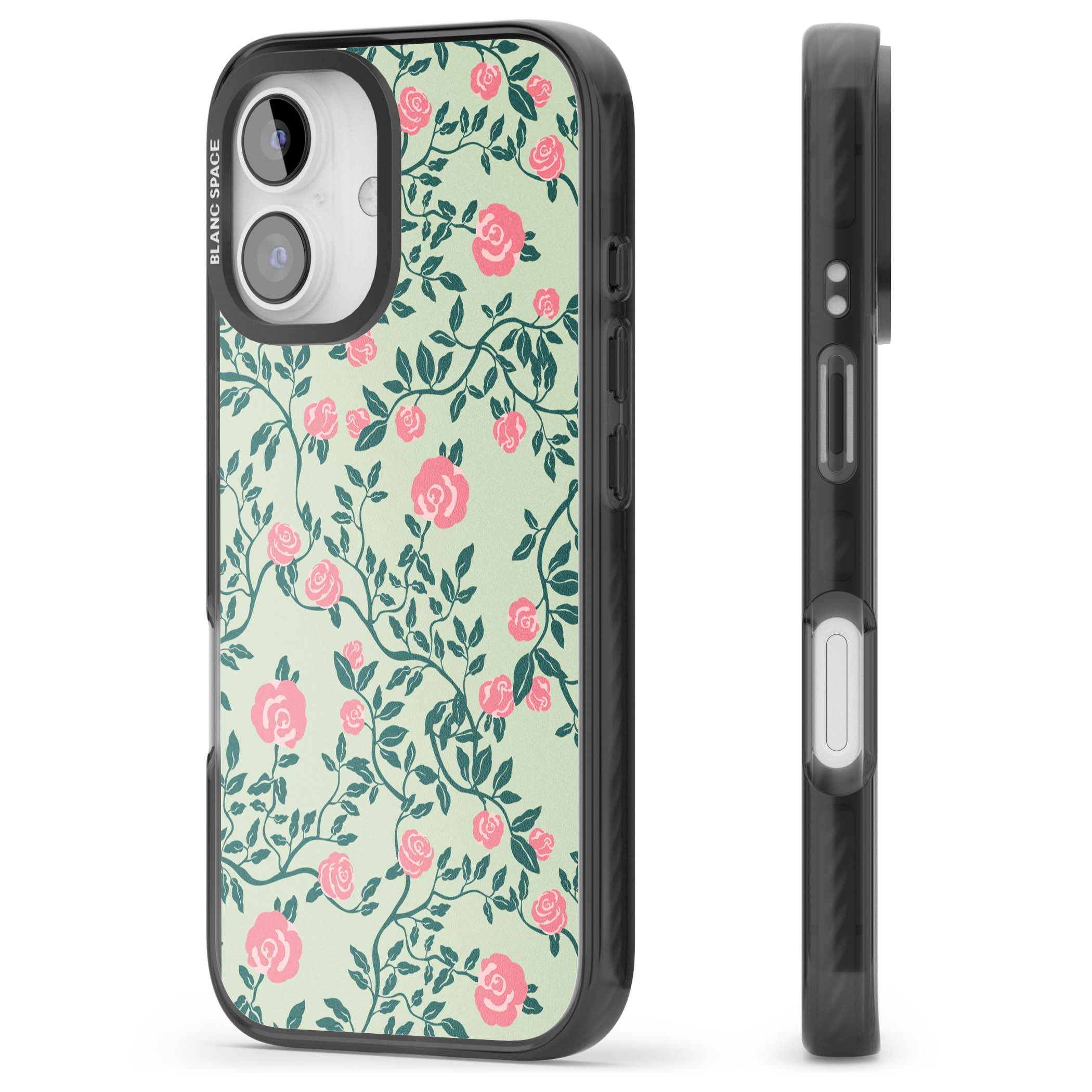 Rose Trellis cottagecore iPhone case featuring pink roses, sage green vines, and mint background | Black Impact Magsafe case for iPhone 16, iPhone 16 Plus