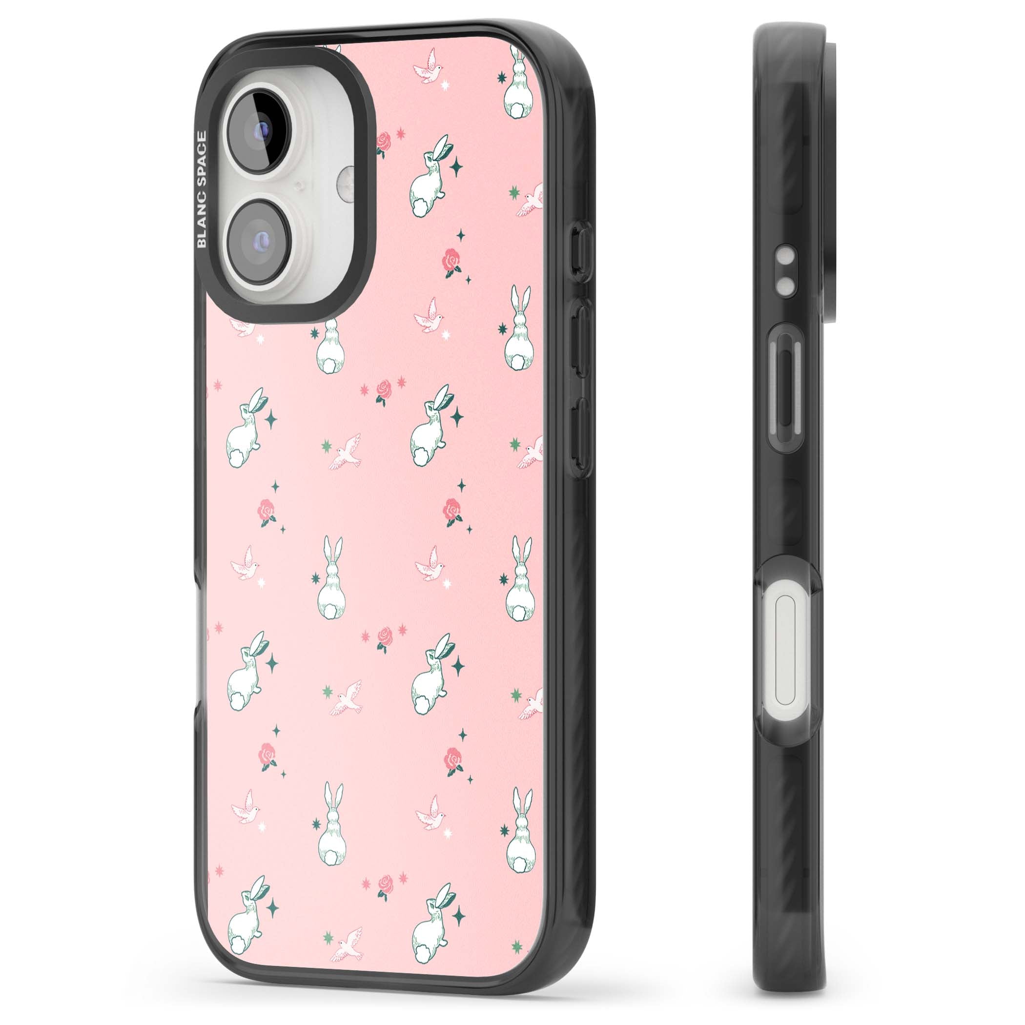 Bunny Garden kawaii iPhone case featuring white rabbits, pink roses, doves and stars on pink background | Black Impact Magsafe case for iPhone 16, iPhone 16 Plus