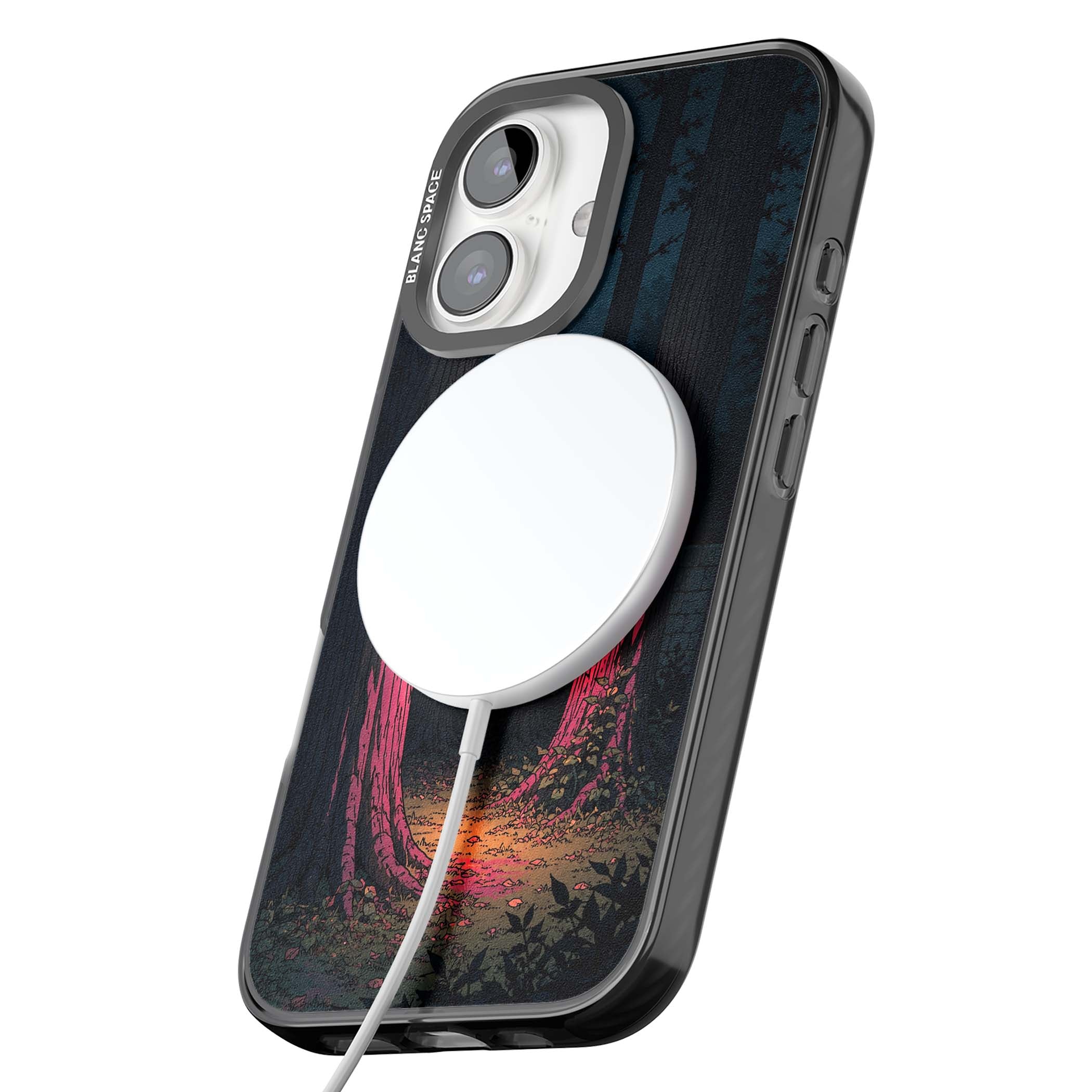 Forest Lantern dark academia iPhone case featuring a moonlit forest, glowing lantern, and stone wall pathway | Black Impact Magsafe case for iPhone 16, iPhone 16 Plus
