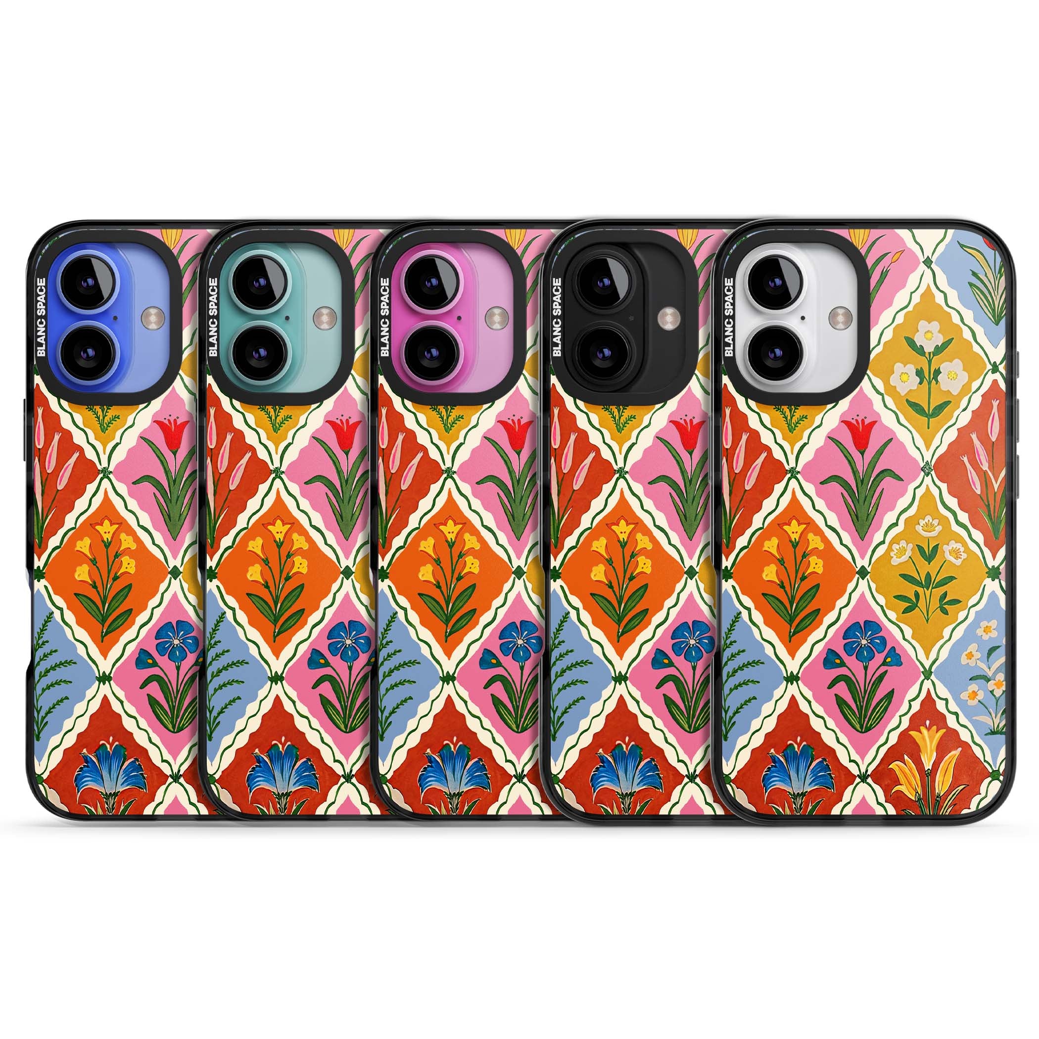 Floral Quilt boho floral iPhone case featuring diamond lattice pattern, hand-painted tulips and folk art wildflowers | Black Impact Magsafe case for iPhone 16, iPhone 16 Plus
