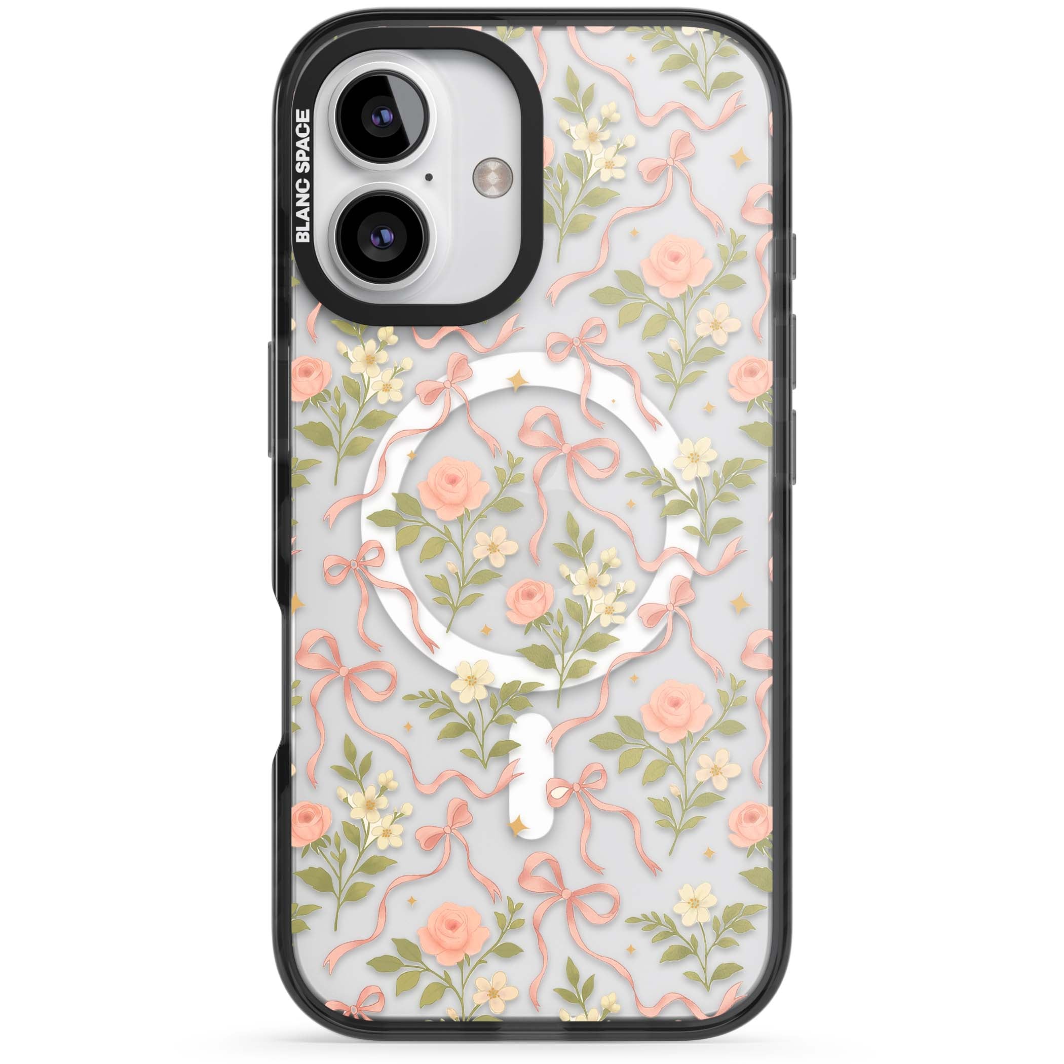 Ribbon Garden coquette iPhone case featuring pink bows, peach roses and wildflowers on white background | Black Impact Magsafe case for iPhone 16, iPhone 16 Plus