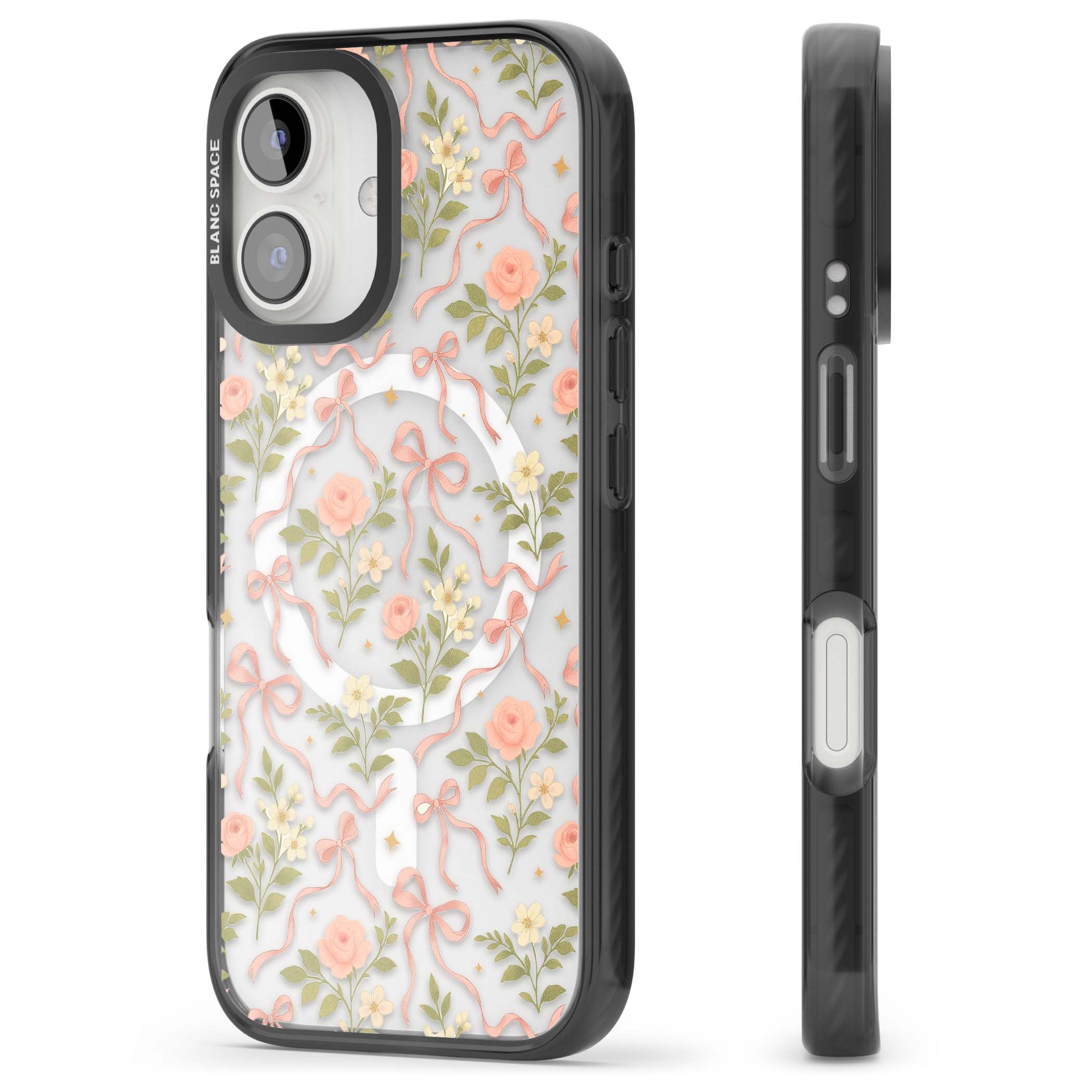 Ribbon Garden coquette iPhone case featuring pink bows, peach roses and wildflowers on white background | Black Impact Magsafe case for iPhone 16, iPhone 16 Plus