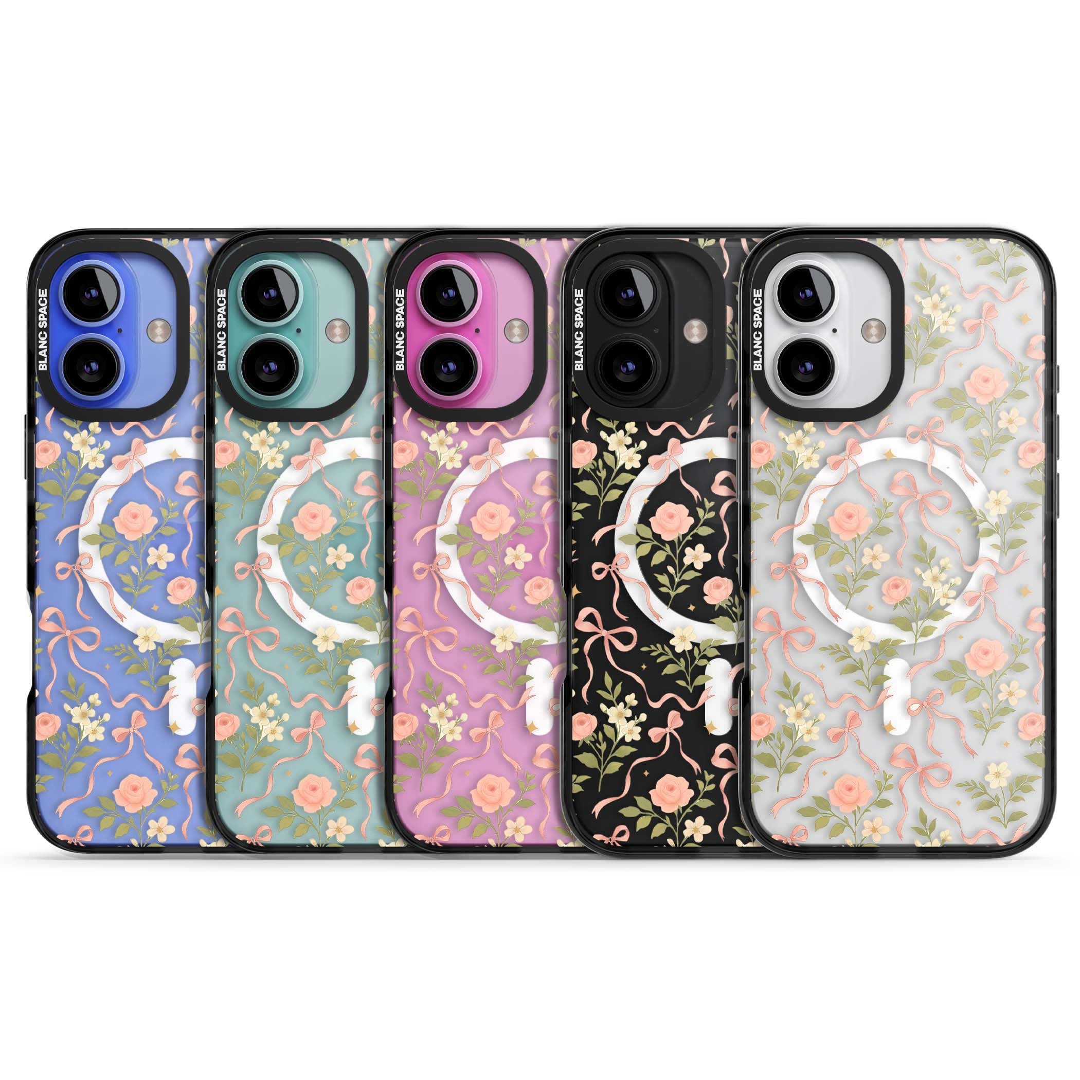 Ribbon Garden coquette iPhone case featuring pink bows, peach roses and wildflowers on white background | Black Impact Magsafe case for iPhone 16, iPhone 16 Plus
